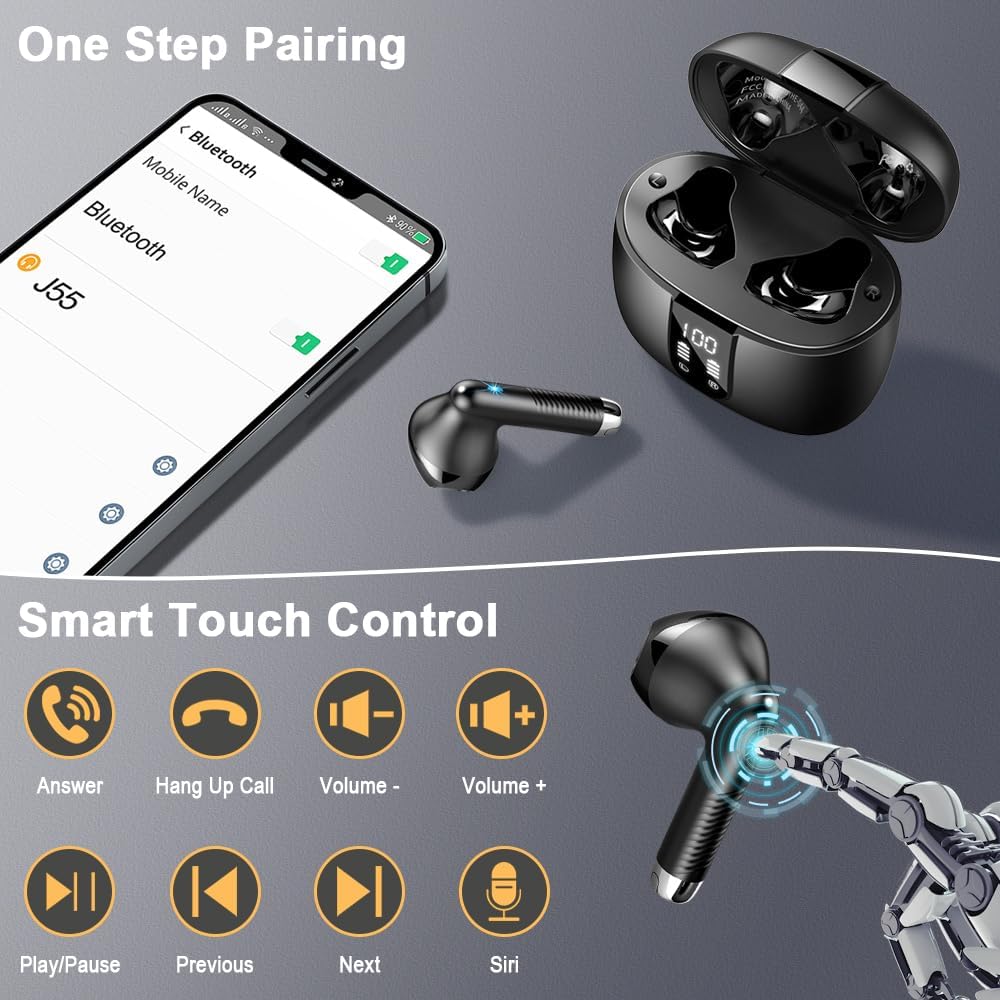 Wireless Earbuds, Bluetooth 5.4 Headphones in Ear 2025 Wireless Earphones with 4 ENC Mic, Mini Ear buds with HiFi Stereo Deep Bass, 56H Playtime Dual LED Display, Bluetooth Earbud IP7 Waterproof USB-C - Image 7