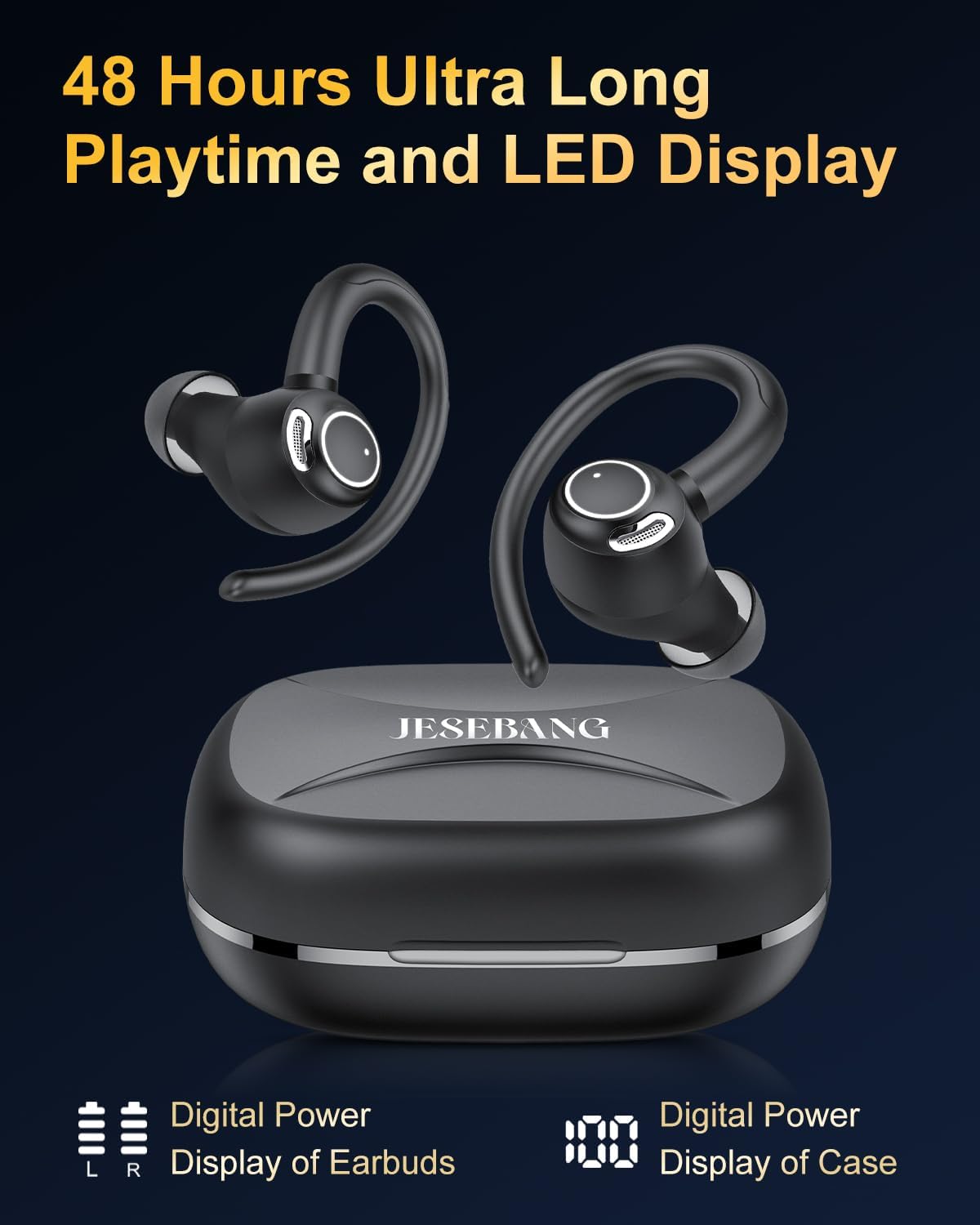 Jesebang Wireless Earbuds, Bluetooth 5.3 Headphones, 2024 Wireless Earphones HiFi Stereo Sound with ENC Mic, Sport Headsets in Ear EarHooks for Running, 40H Dual LED Display, IP7, Black - Image 4