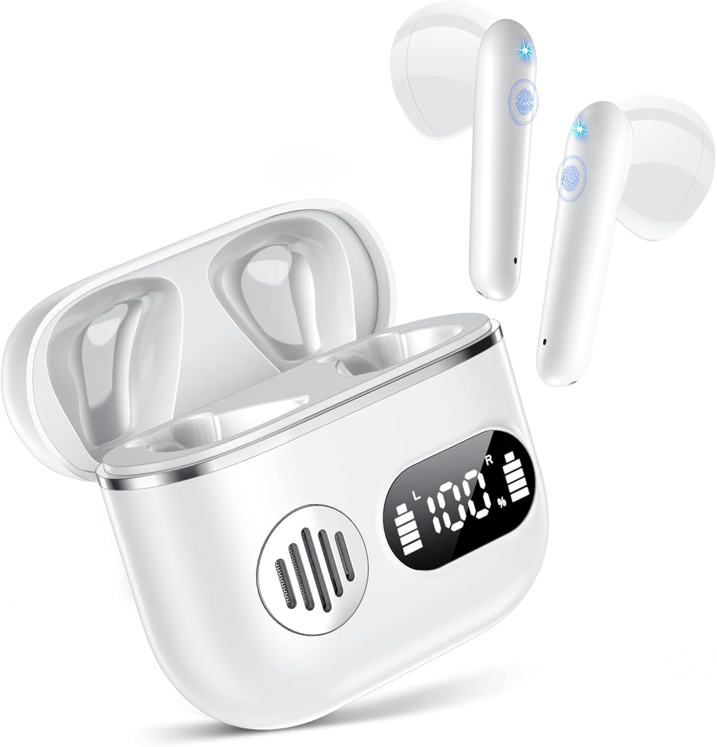 Wireless Earbuds 2025 Sport Bluetooth Headphones Stereo Earphones with ENC Mic Wireless Earphones In Ear Earbuds with Dual LED Display, 48H Playtime, Running Headphones IP7 Waterproof, Ceramic White