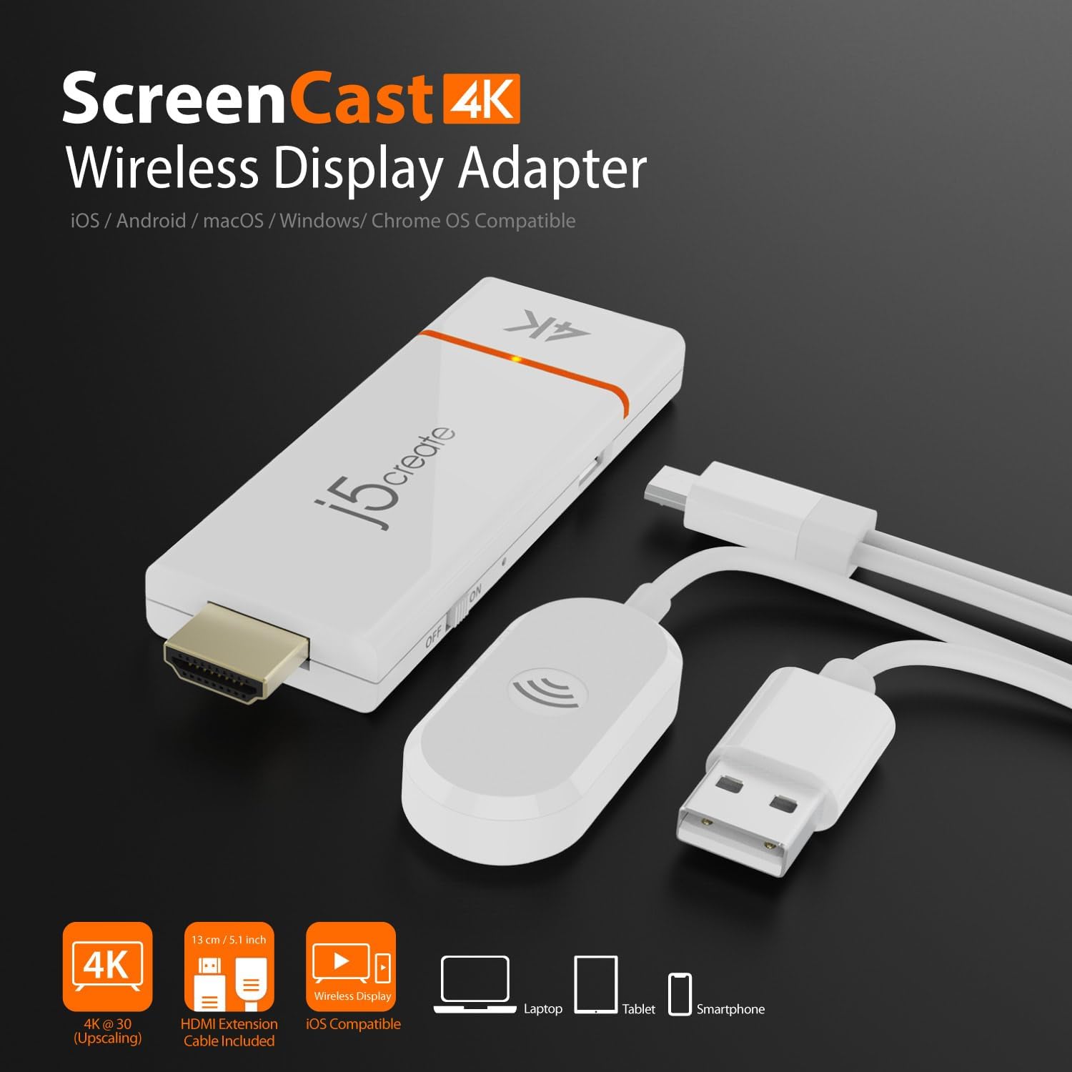 j5create ScreenCast 4K Wireless Adapter Screen Cast from Mobile Phone, Tablet, or Laptop Support for AirPlay, Miracast & Chromecast Mirror Extend for Windows & macOS Wireless Screen Display (JVAW76) - Image 8