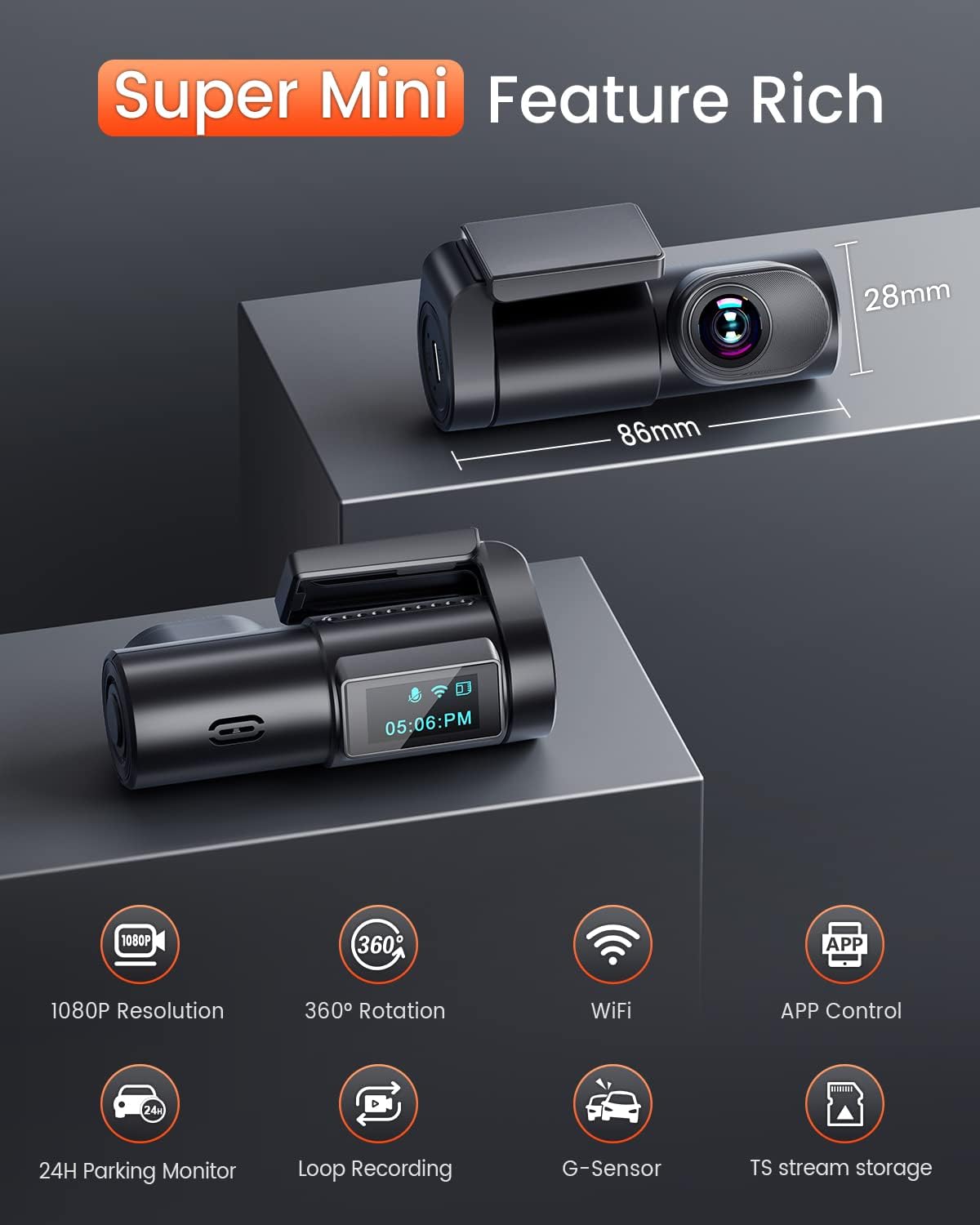 Dash Cam Front, 1080P Mini WiFi DashCam for Cars, Car Camera Dash with 0.96" mini screen Parking Monitor, Super Night Vision, 170° Wide Angle, App Control, G-Sensor, Easy Installation - Image 2