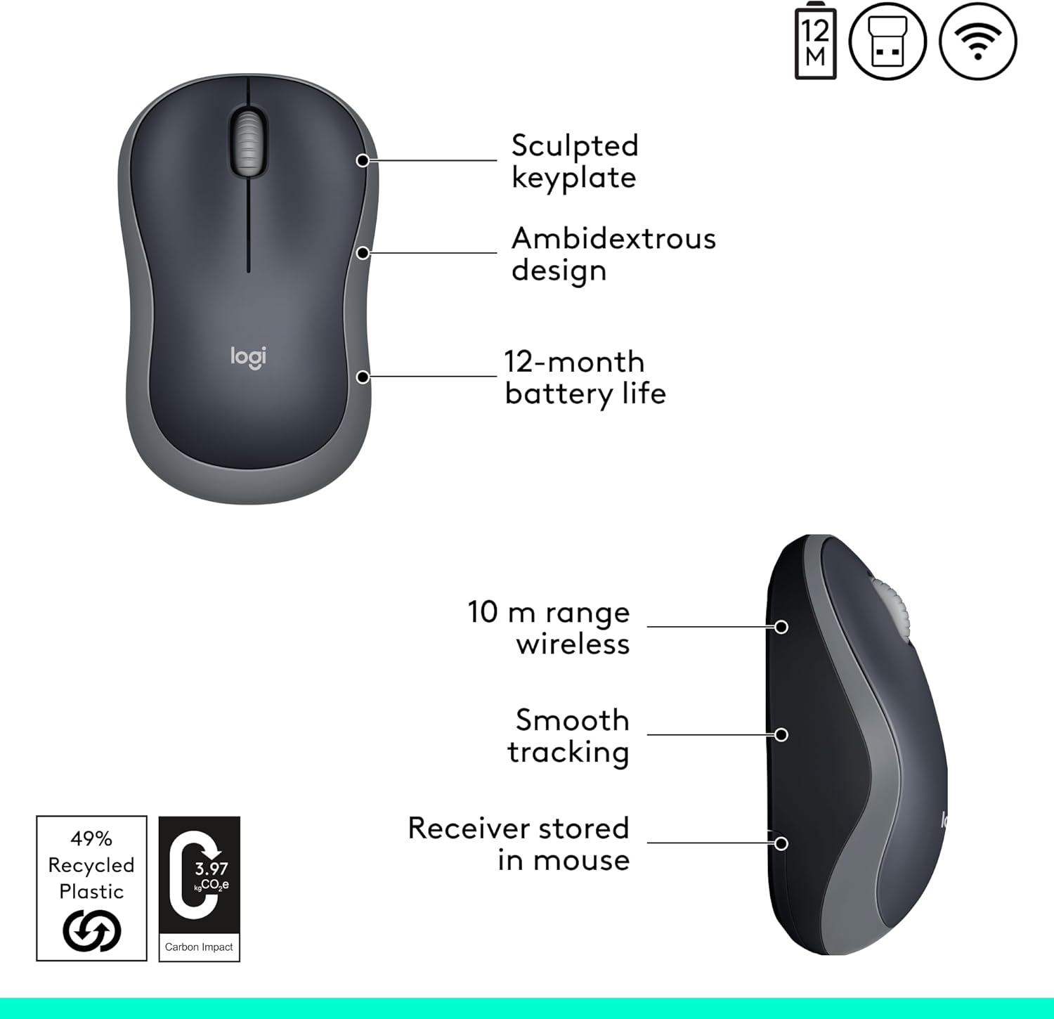 Logitech M185 Wireless Mouse, 2.4GHz with USB Mini Receiver, 12-Month Battery Life, 1000 DPI Optical Tracking, Ambidextrous, Compatible with PC, Mac, Laptop - Grey - Image 6