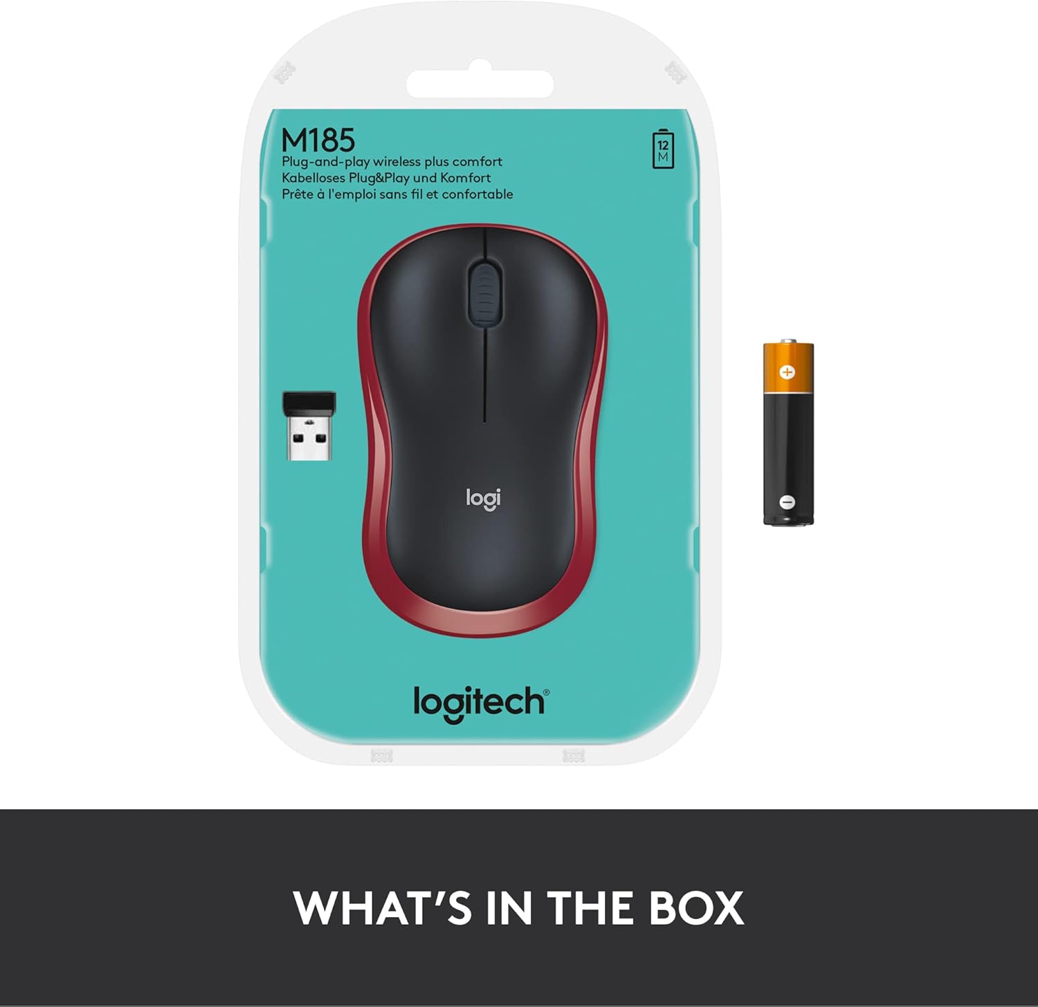 Logitech M185 Wireless Mouse, 2.4GHz With USB Mini Receiver, 12-Month Battery Life, 1000 DPI Optical Tracking, Ambidextrous, Compatible With PC, Mac, Laptop - Red - Image 2
