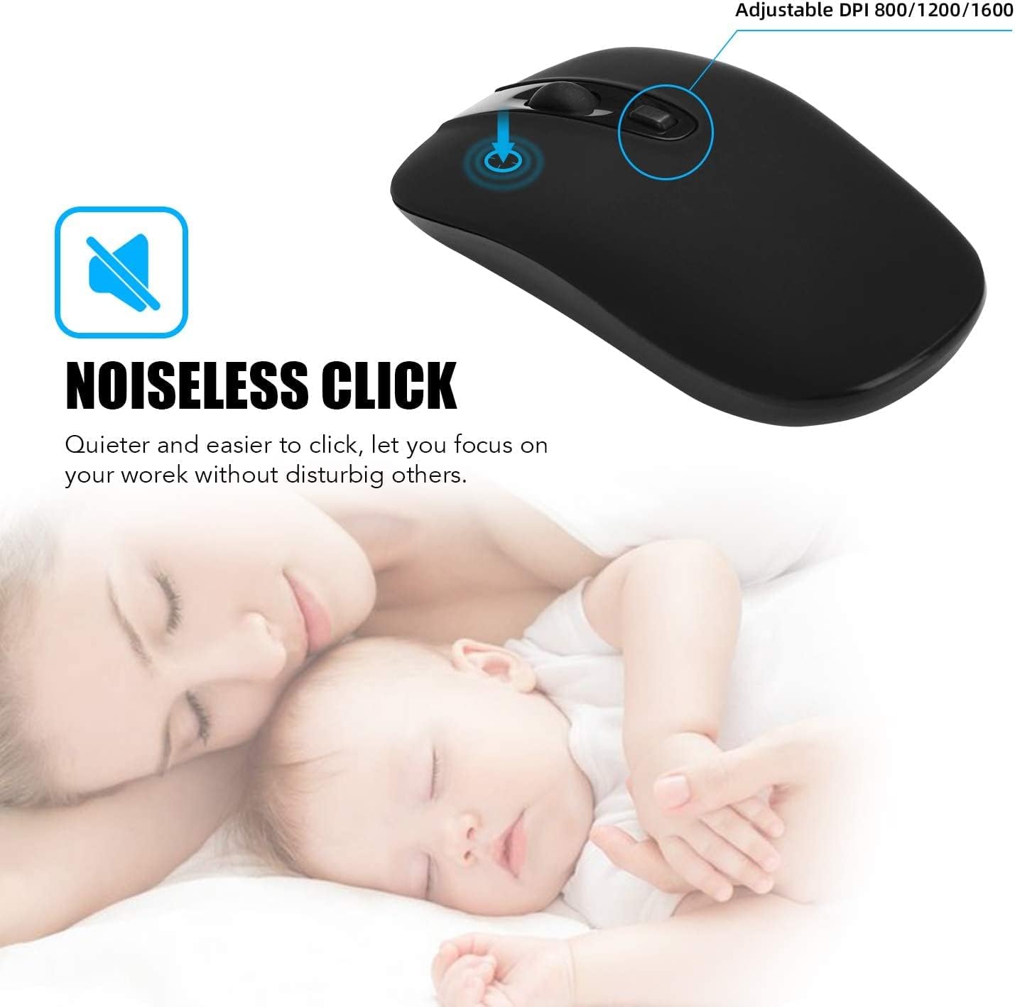 Wireless Mouse, 2.4G Slim Portable Wireless Mouse for Laptop Silent Mouse Ergonomic Cordless Design with USB Nano Receiver Compatible with PC Mac Computer Macbook Notebook (Black) - Image 3