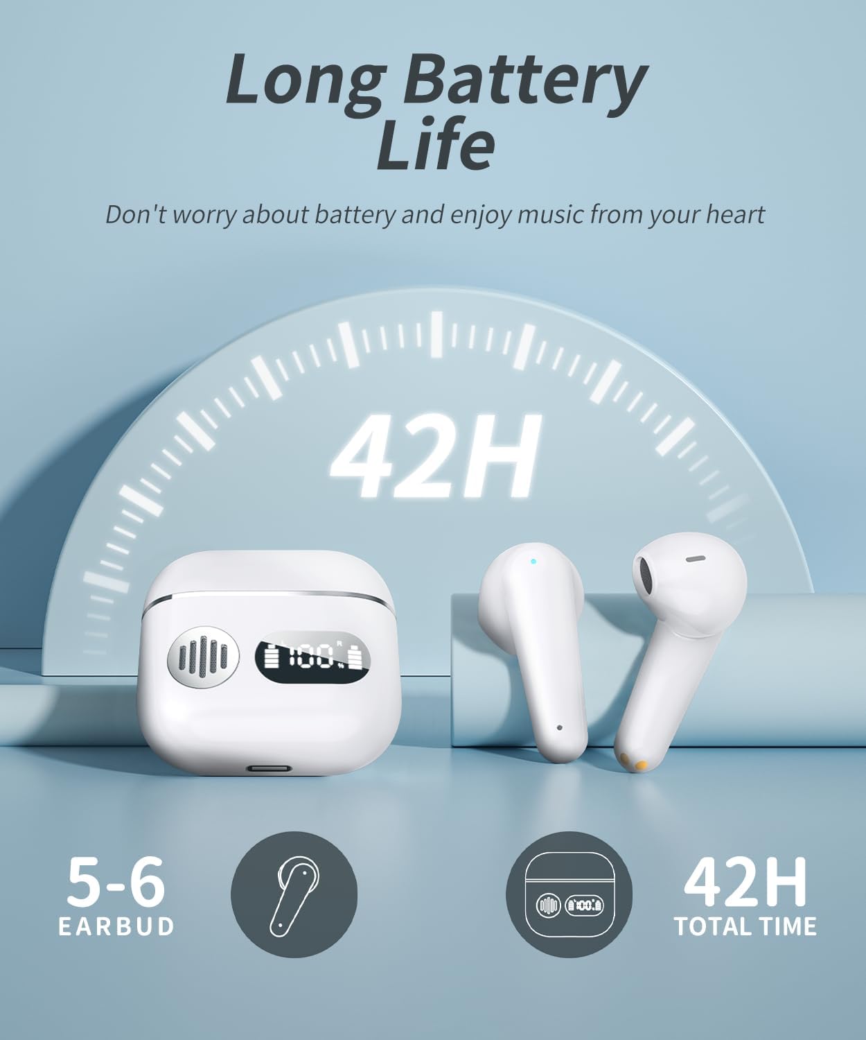 Wireless Earbuds 2025 Sport Bluetooth Headphones Stereo Earphones with ENC Mic Wireless Earphones In Ear Earbuds with Dual LED Display, 48H Playtime, Running Headphones IP7 Waterproof, Ceramic White - Image 3