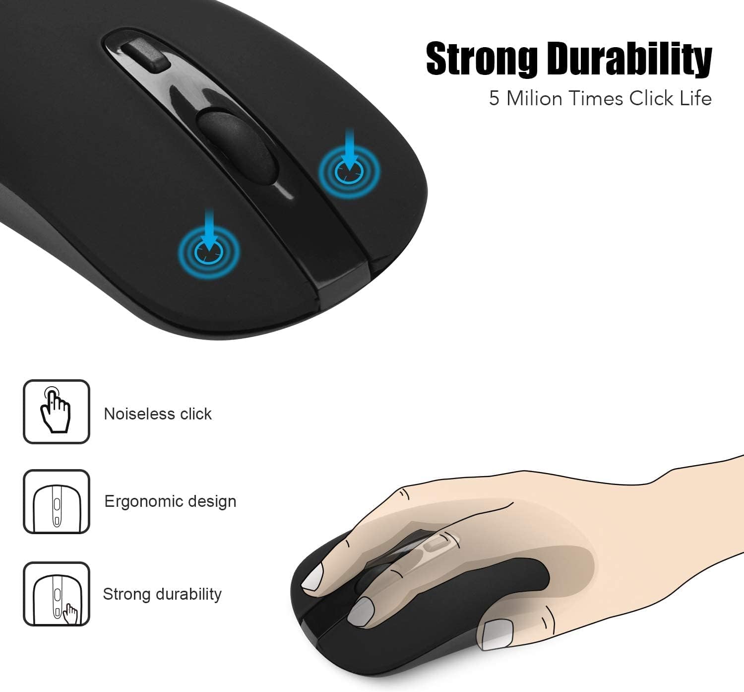 Wireless Mouse, 2.4G Slim Portable Wireless Mouse for Laptop Silent Mouse Ergonomic Cordless Design with USB Nano Receiver Compatible with PC Mac Computer Macbook Notebook (Black) - Image 2