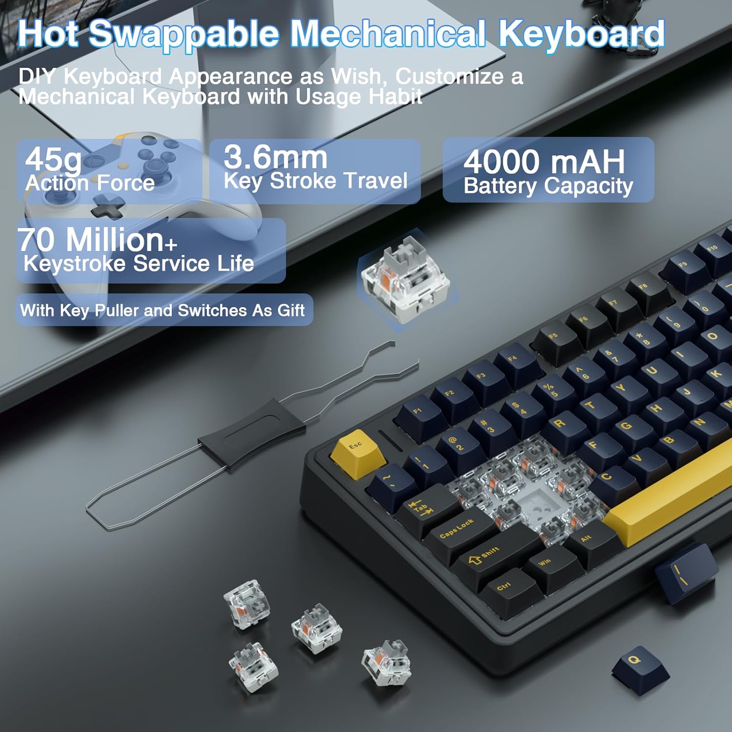 AULA F75 75% Wireless Mechanical Keyboard,2.4Ghz/Type-C/BT5.0 Gaming Keyboards,Advanced Structure,RGB Backlight,Hot Swappable Custom Keyboard for PC/Mac (Cool Black) - Image 4