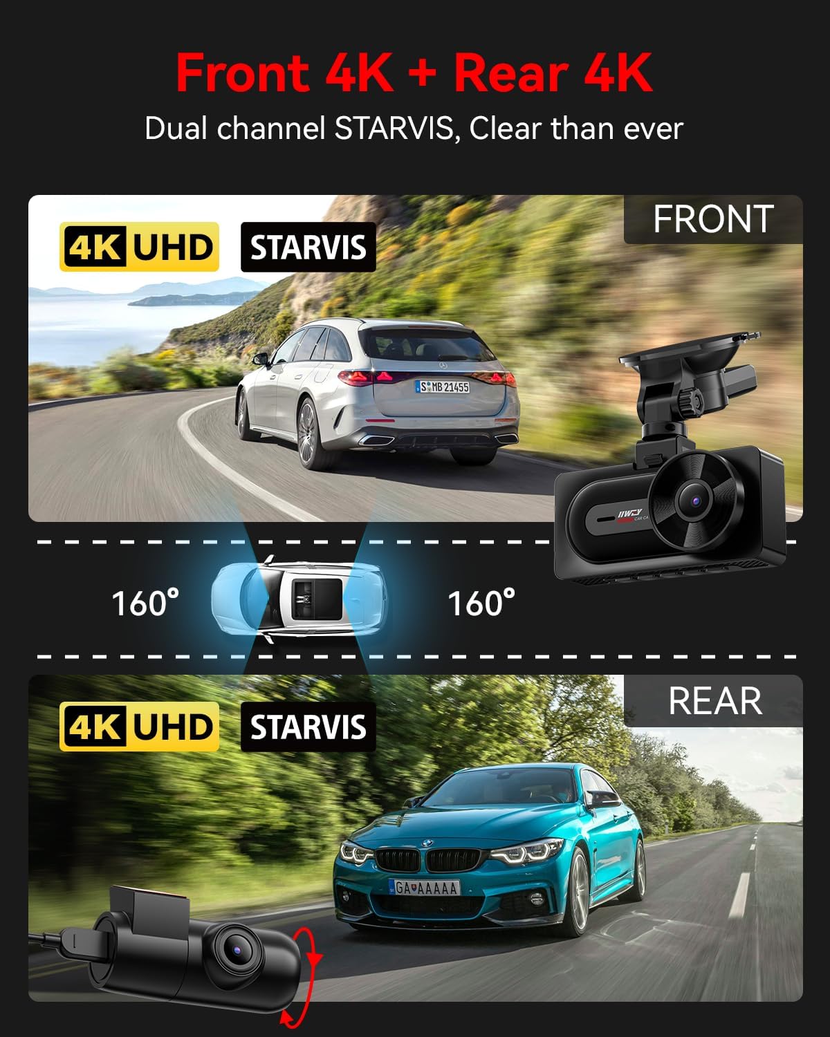 IIWEY 4K+4K Dash Cam Front and Rear, Dual STARVIS Sensor, 5G WiFi-6 (up to 20MB/s) with App, 128G SD Card Included, GPS, Dash Camera for Cars with 24/7 Parking Mode, 3.18 Inch IPS, 170° Wide Angle - Image 2