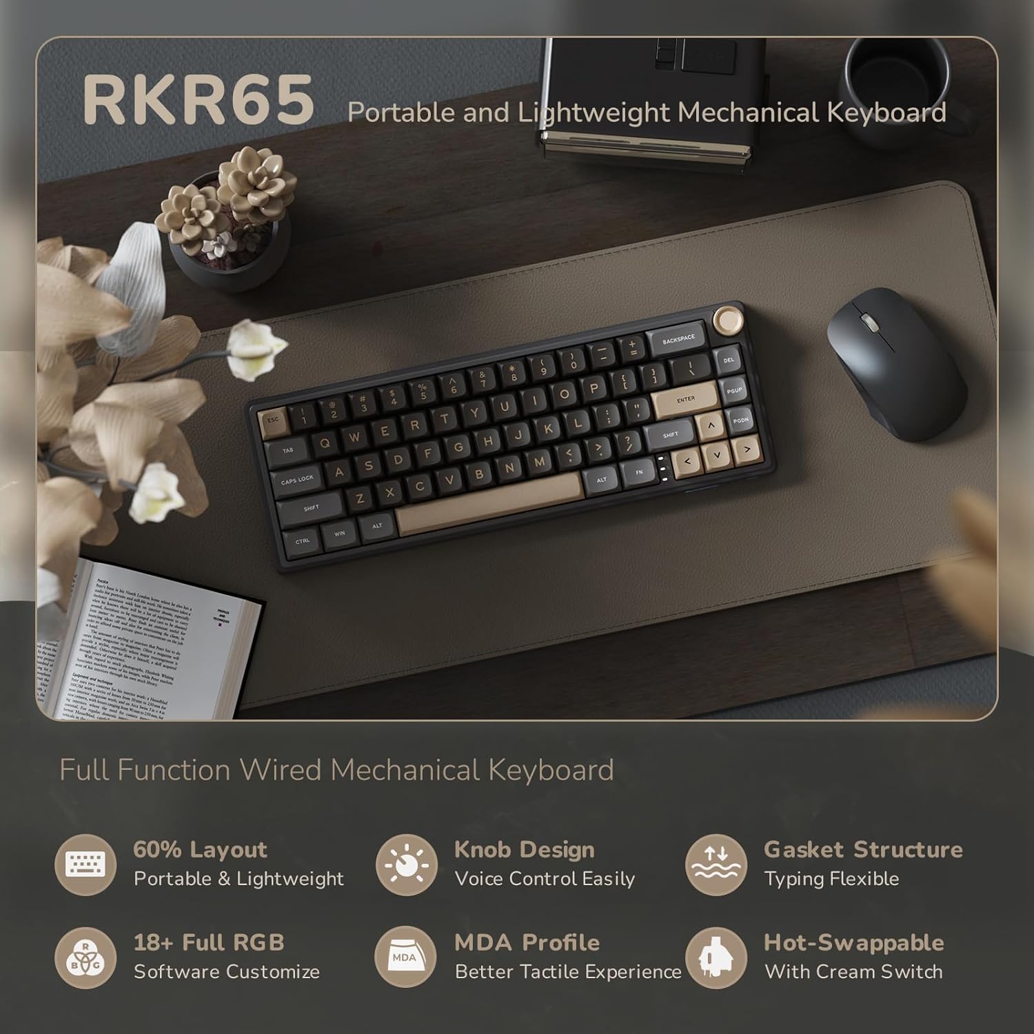 RK ROYAL KLUDGE R65 Wired Gaming Keyboard with Knob, 60% Percent QMK/VIA US Layout RGB Backlit Gasket Mount Mechanical Keyboard with PBT Keycaps, MDA Profile, 66 Keys Hot Swappable Cream Switch, Black - Image 2