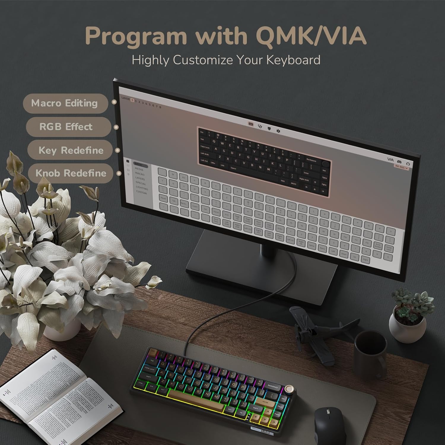 RK ROYAL KLUDGE R65 Wired Gaming Keyboard with Knob, 60% Percent QMK/VIA US Layout RGB Backlit Gasket Mount Mechanical Keyboard with PBT Keycaps, MDA Profile, 66 Keys Hot Swappable Cream Switch, Black - Image 8