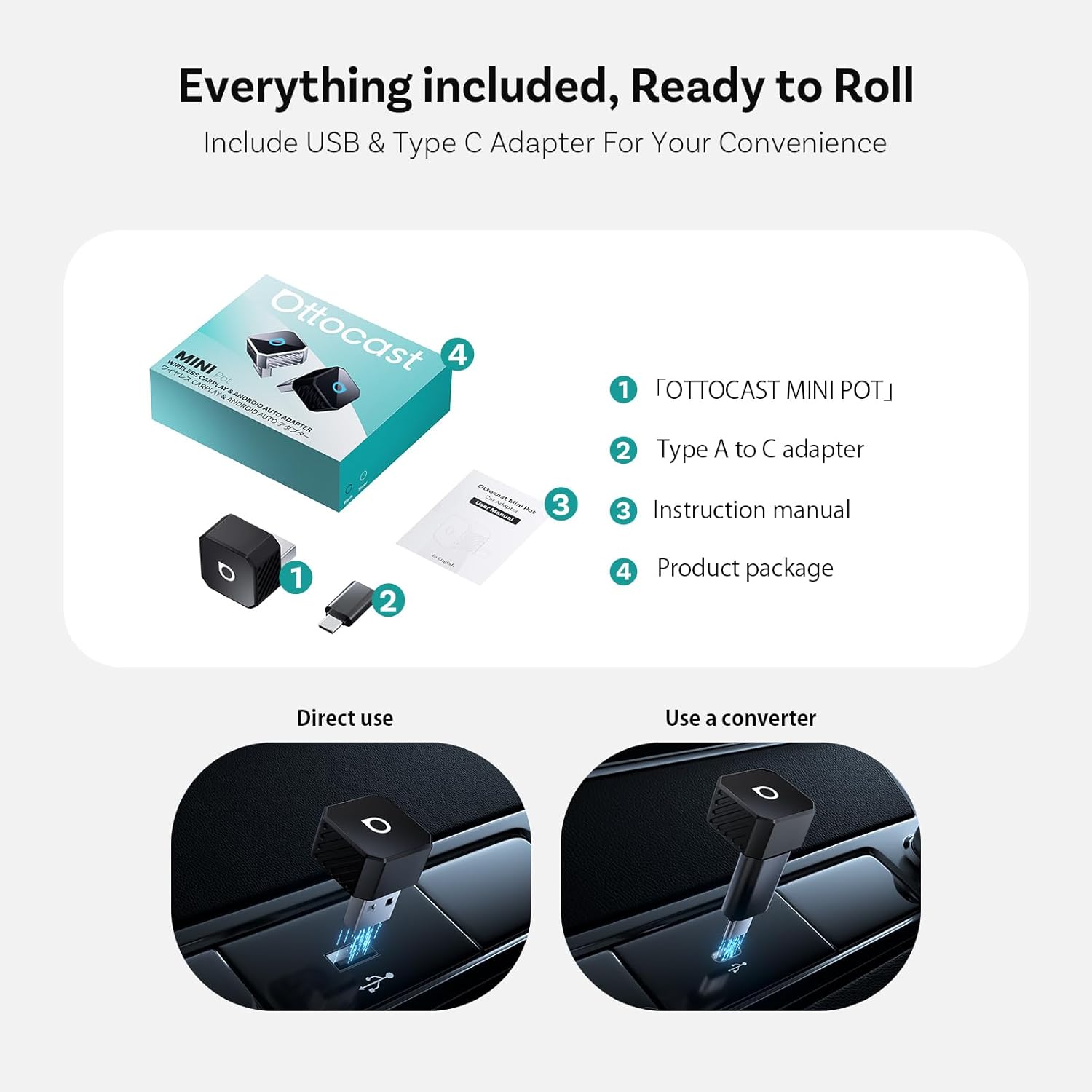 OTTOCAST MINI POT 2026 New Version Wireless CarPlay & Android Auto Adapter 2-in-1, Convert Wired CarPlay/Android Auto to Wireless, 5s Quick Reconnection, Dual Device Memory,Cube Black - Image 8