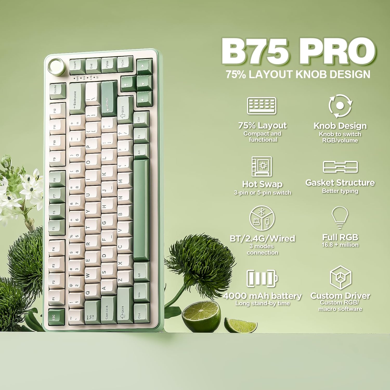 YUNZII B75 PRO Wireless Mechanical Keyboard,75% Gaming Keyboard Gasket Hot Swap Custom Keyboard with Knob,Pre-lubed Switches RGB,Bluetooth/Type-C/2.4G (Matcha Green, Milk Switch) - Image 2