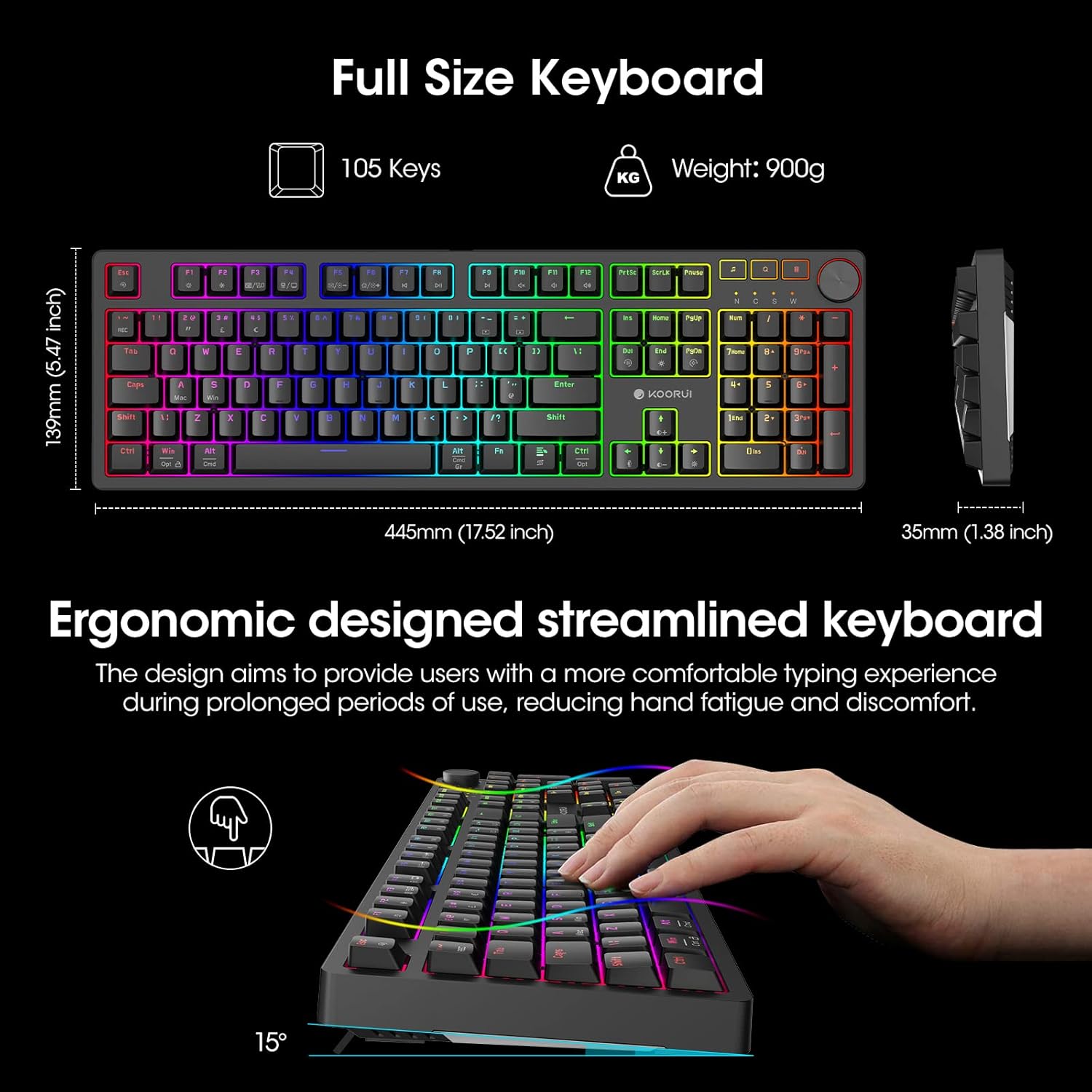 KOORUI Gaming Keyboards, 26 RGB Backlit Mechanical Keyboard Wired 104 Keys Full Size UK Layout with Red Switch Gamer Keyboards for Windows MacOS Linux - Image 4
