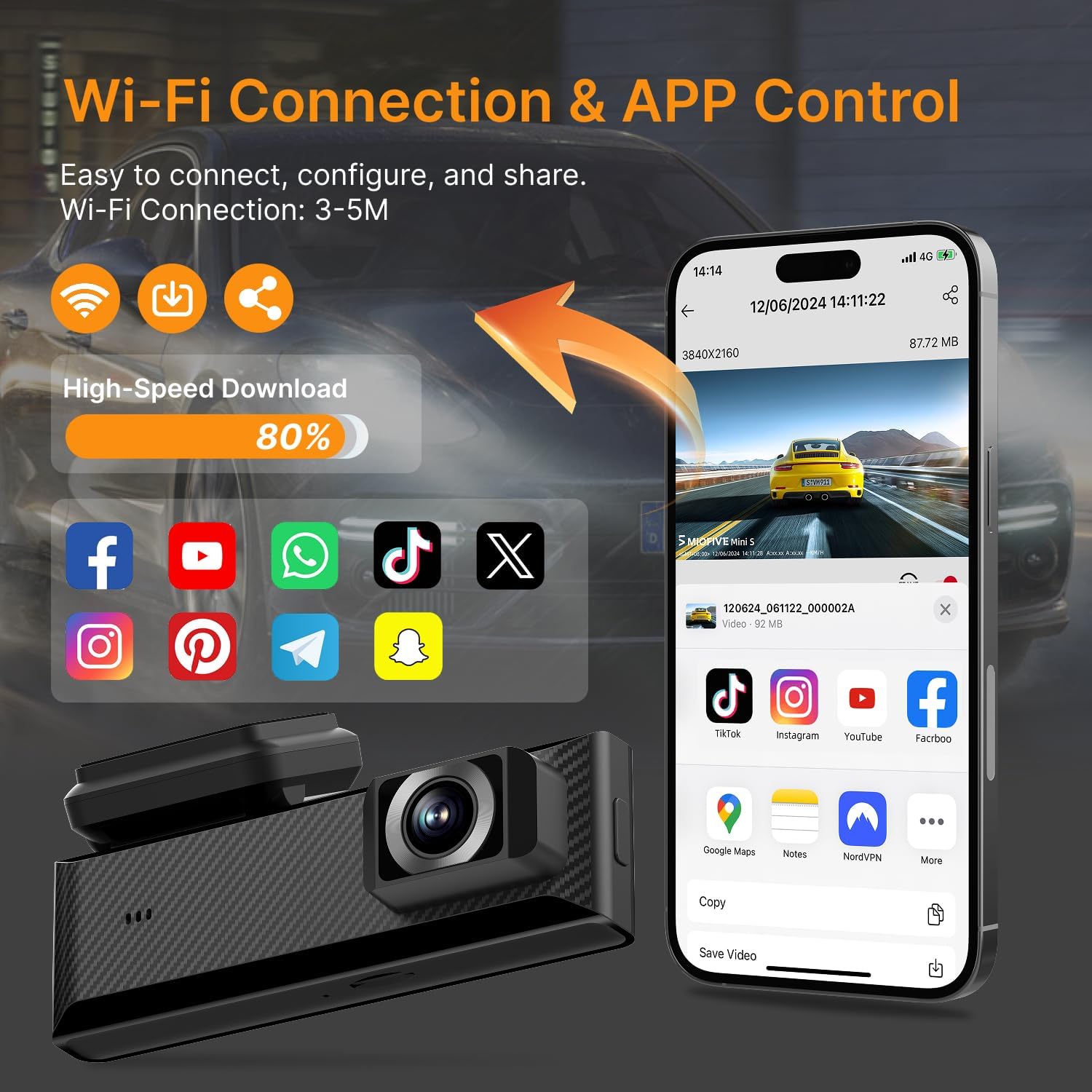 Miofive Mini S 4K HDR Dash Cam Front, Wi-Fi 6 Car Camera with GPS & Bluetooth, Super Night Vision, 24/7 Parking Mode, Loop Recording, Speed Camera Alerts(UK), Supports Up to 512GB. - Image 5