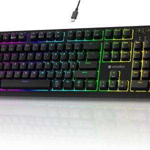 KOORUI Gaming Keyboards, 26 RGB Backlit Mechanical Keyboard Wired 104 Keys Full Size UK Layout with Red Switch Gamer Keyboards for Windows MacOS Linux