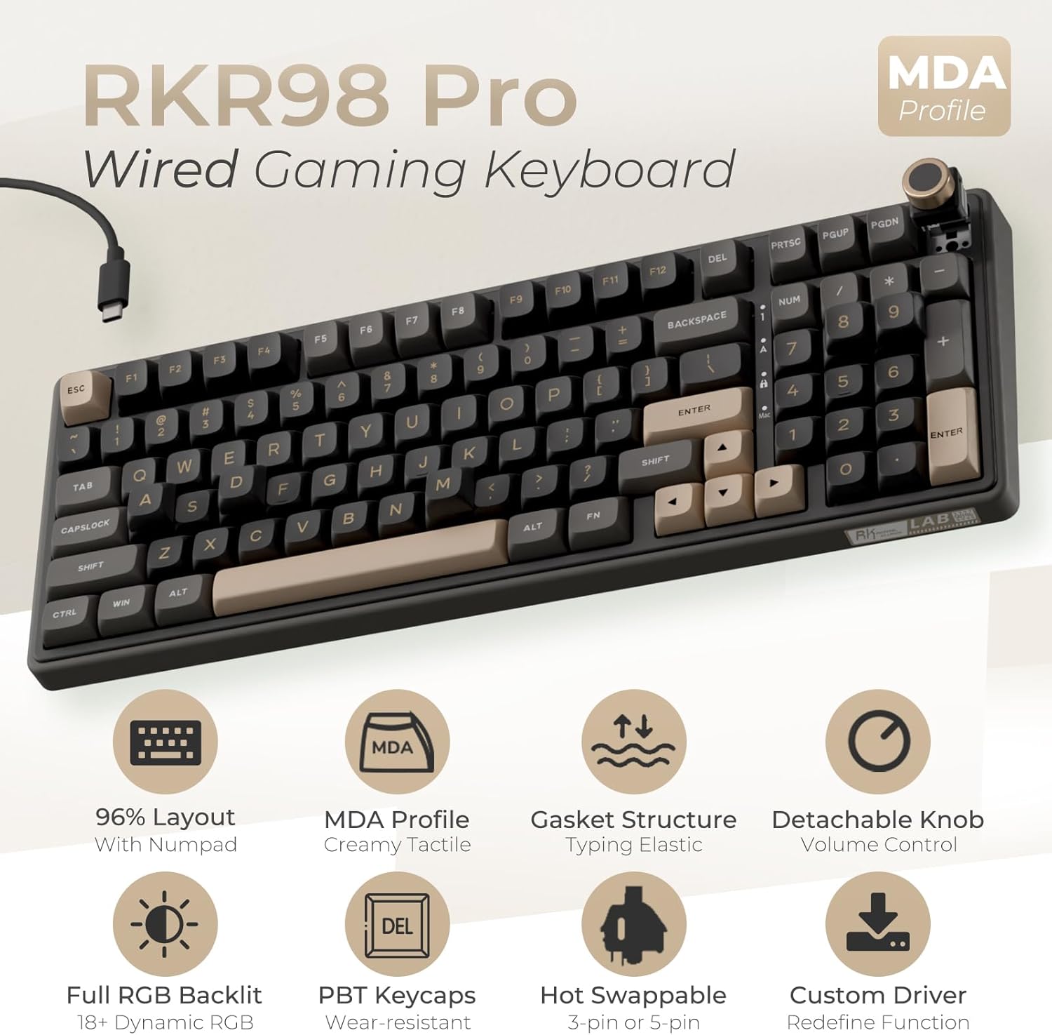 RK ROYAL KLUDGE R98 Pro Mechanical Keyboard, 96% Wired Gaming Keyboard RGB Backlit with Number Pad and Volume Knob, Gasket Mount, MDA Profile US Layout PBT Keycaps, Hot Swap Pre-lubed Linear Switch - Image 2