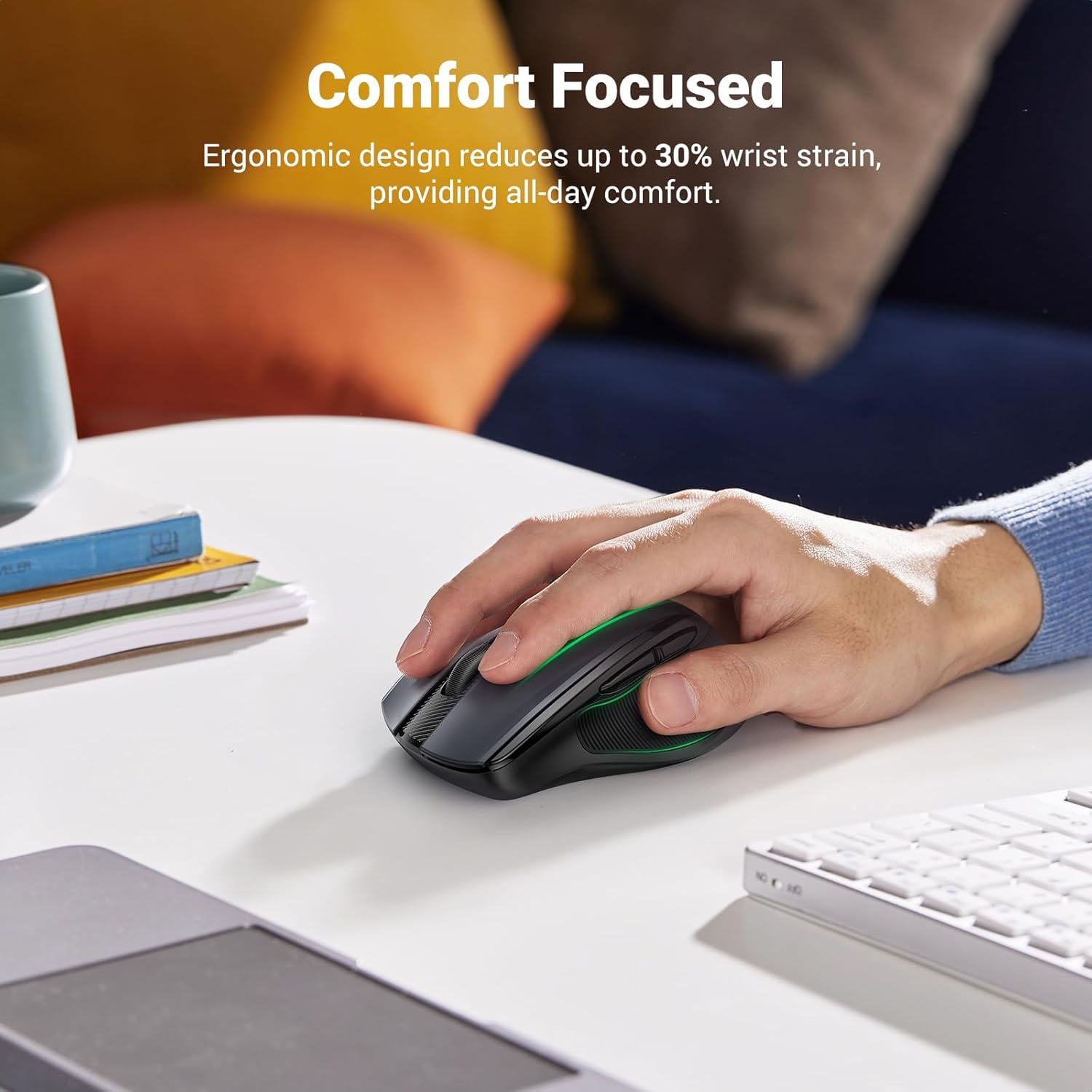 UGREEN Wireless Mouse, Silent Computer Mouse, 18-Month Battery, Ergonomic Comfort Design, 5-Level Adjustable 4000 DPI, Plug & Play, 6 Buttons, 2.4GHz with USB Mini Receiver, for Laptop/PC/Mac - Black - Image 2