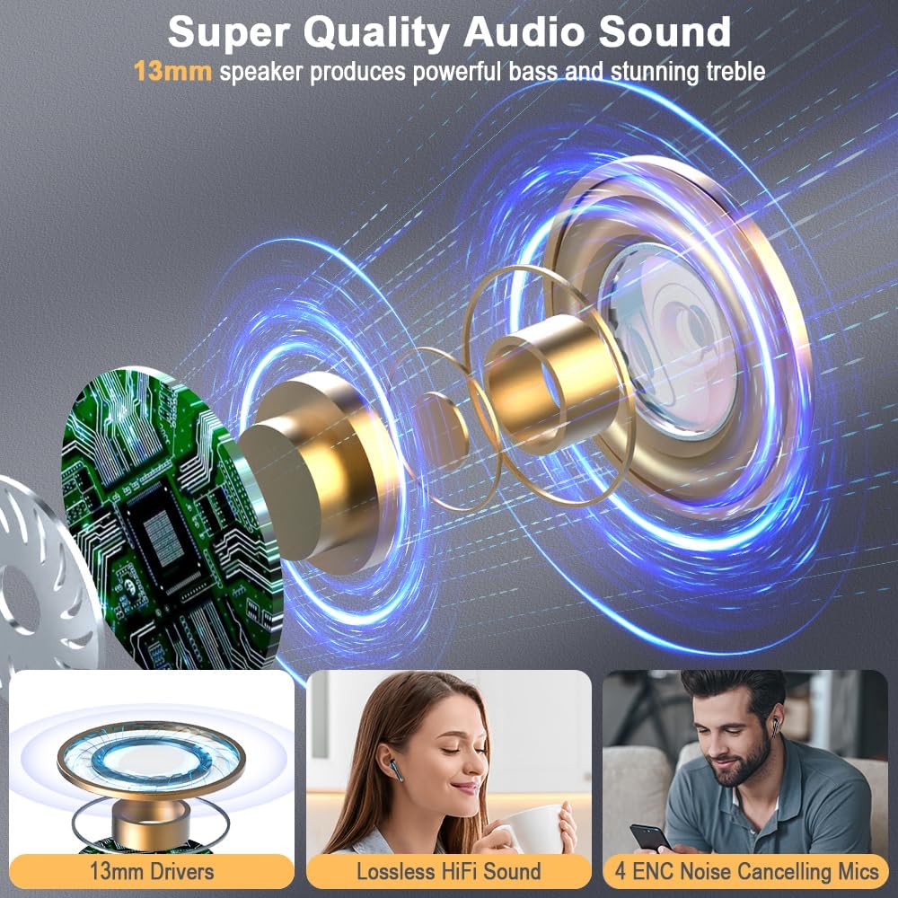 Wireless Earbuds, Bluetooth 5.4 Headphones in Ear 2025 Wireless Earphones with 4 ENC Mic, Mini Ear buds with HiFi Stereo Deep Bass, 56H Playtime Dual LED Display, Bluetooth Earbud IP7 Waterproof USB-C - Image 4