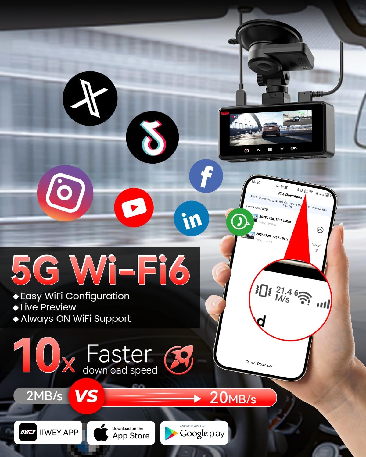 IIWEY 4K+4K Dash Cam Front and Rear, Dual STARVIS Sensor, 5G WiFi-6 (up to 20MB/s) with App, 128G SD Card Included, GPS, Dash Camera for Cars with 24/7 Parking Mode, 3.18 Inch IPS, 170° Wide Angle - Image 4