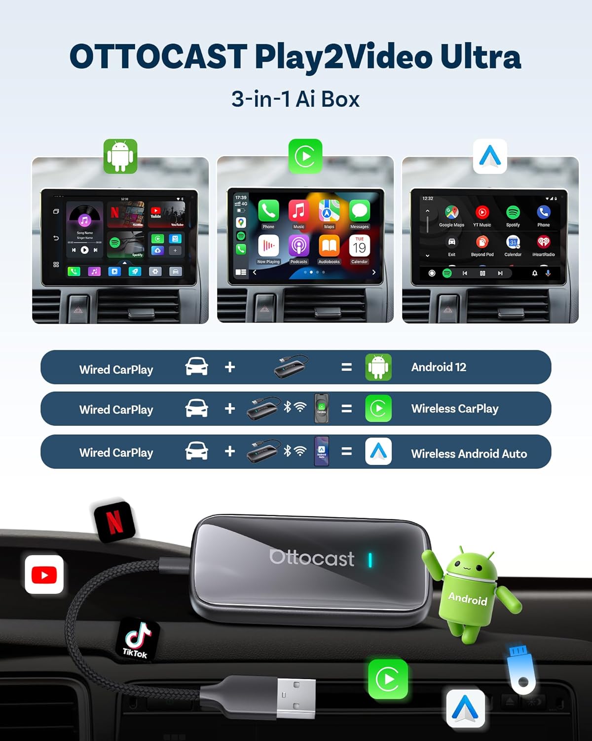 OTTOCAST Play2Video Ultra 2026 Upgrade, AI Box Wireless CarPlay Android Auto Adapter, Netflix YouTube App Hub, Bluetooth 5.4, FOTA Online Update, Supports Factory Wired CarPlay - Image 6