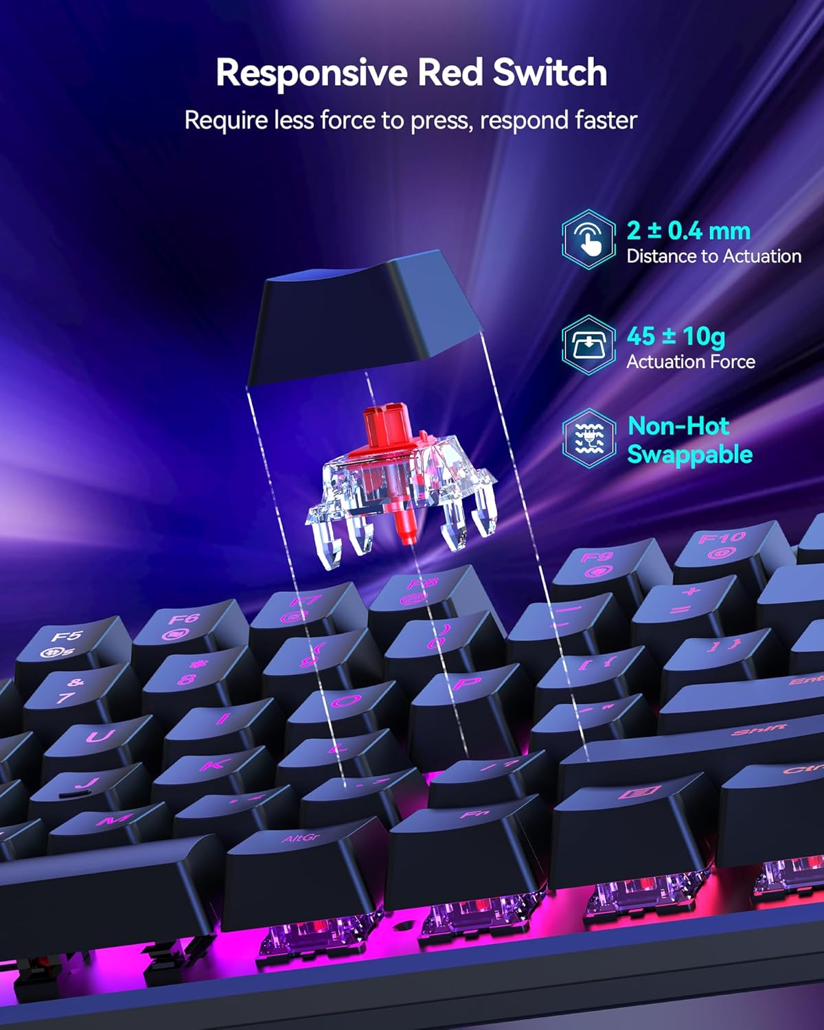TECKNET Mechanical Gaming Keyboard - Red Switches Mechanical Keyboard with 109 Keys, 24 LED Lighting Modes, Fully Programmable Keys & Anti-Ghosting for Gaming, PC, Windows, Gamer, Office, UK Layout - Image 3