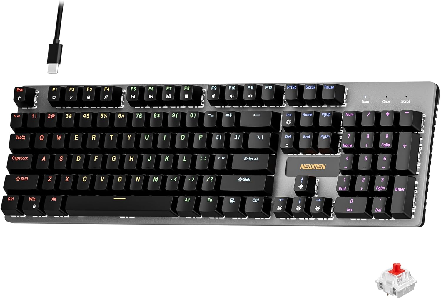 NEWMEN GM325Pro Mechanical Keyboard,104 Keys Rainbow LED Backlit Wired Gaming Keyboards,Metal Panel ABS QWERTY Layout Gaming Mechanical Keyboard for Windows Laptop PC Linear Red Switches