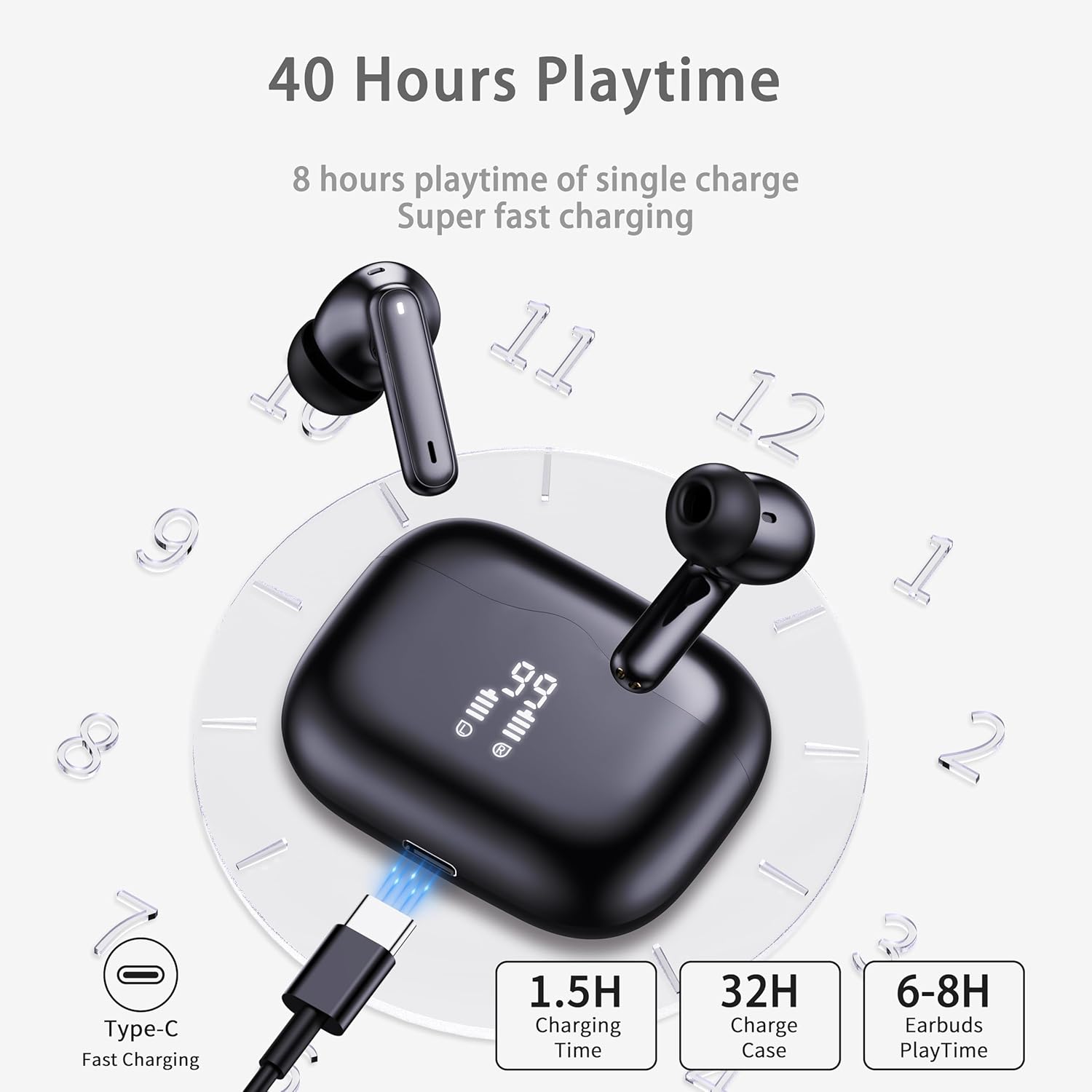 Wireless Earbuds, Bluetooth 5.4 Headphones in Ear with HiFi Stereo, 2026 Bluetooth Earphones with 40H Playtime, 4 ENC Noise Cancelling Mic, IP7 Waterproof Bluetooth Earbuds, Light for Android iOS - Image 4