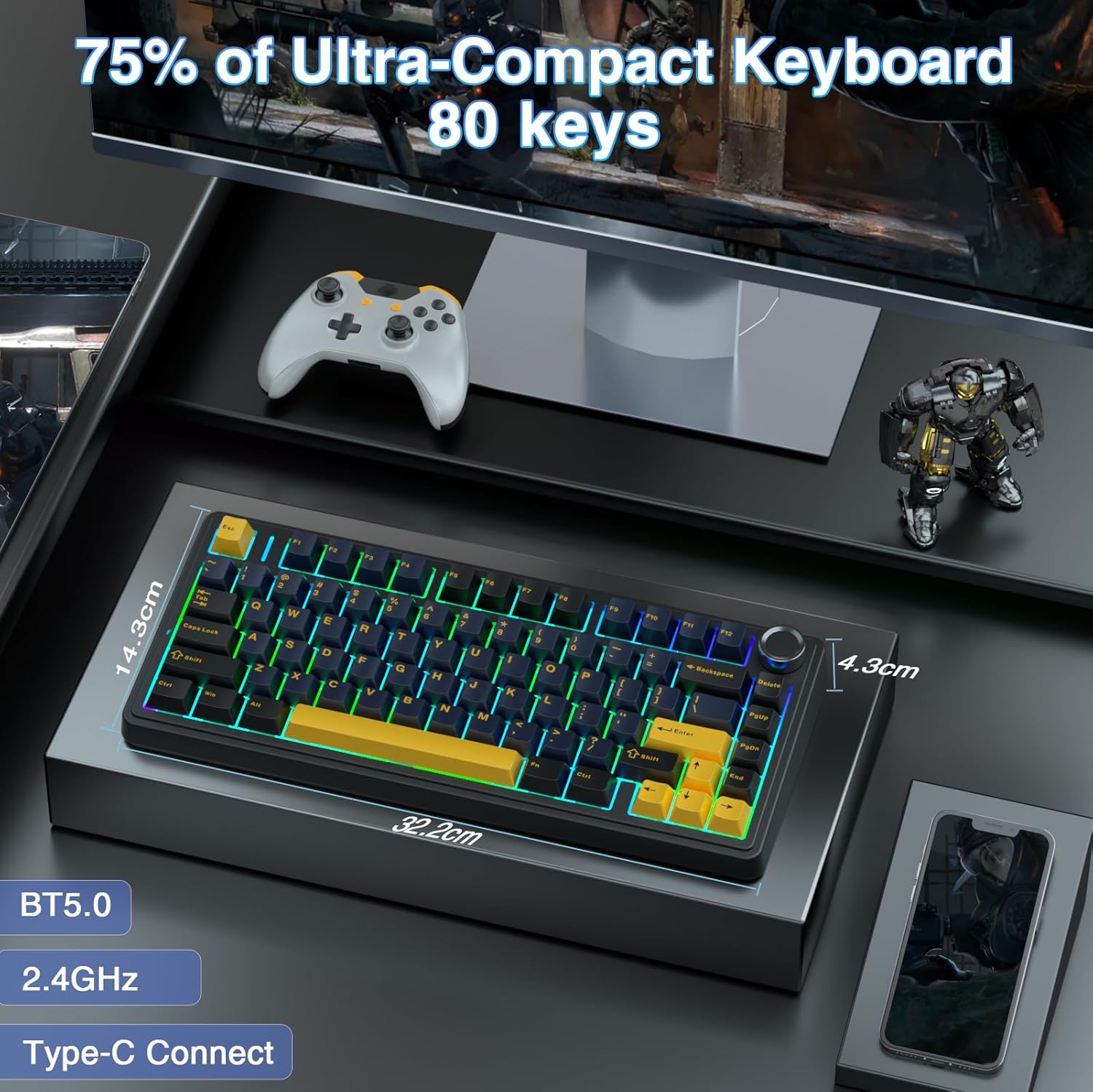 AULA F75 75% Wireless Mechanical Keyboard,2.4Ghz/Type-C/BT5.0 Gaming Keyboards,Advanced Structure,RGB Backlight,Hot Swappable Custom Keyboard for PC/Mac (Cool Black) - Image 2