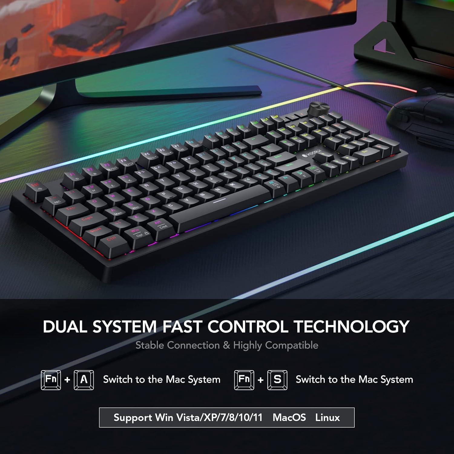 KOORUI Gaming Keyboards, 26 RGB Backlit Mechanical Keyboard Wired 104 Keys Full Size UK Layout with Red Switch Gamer Keyboards for Windows MacOS Linux - Image 6