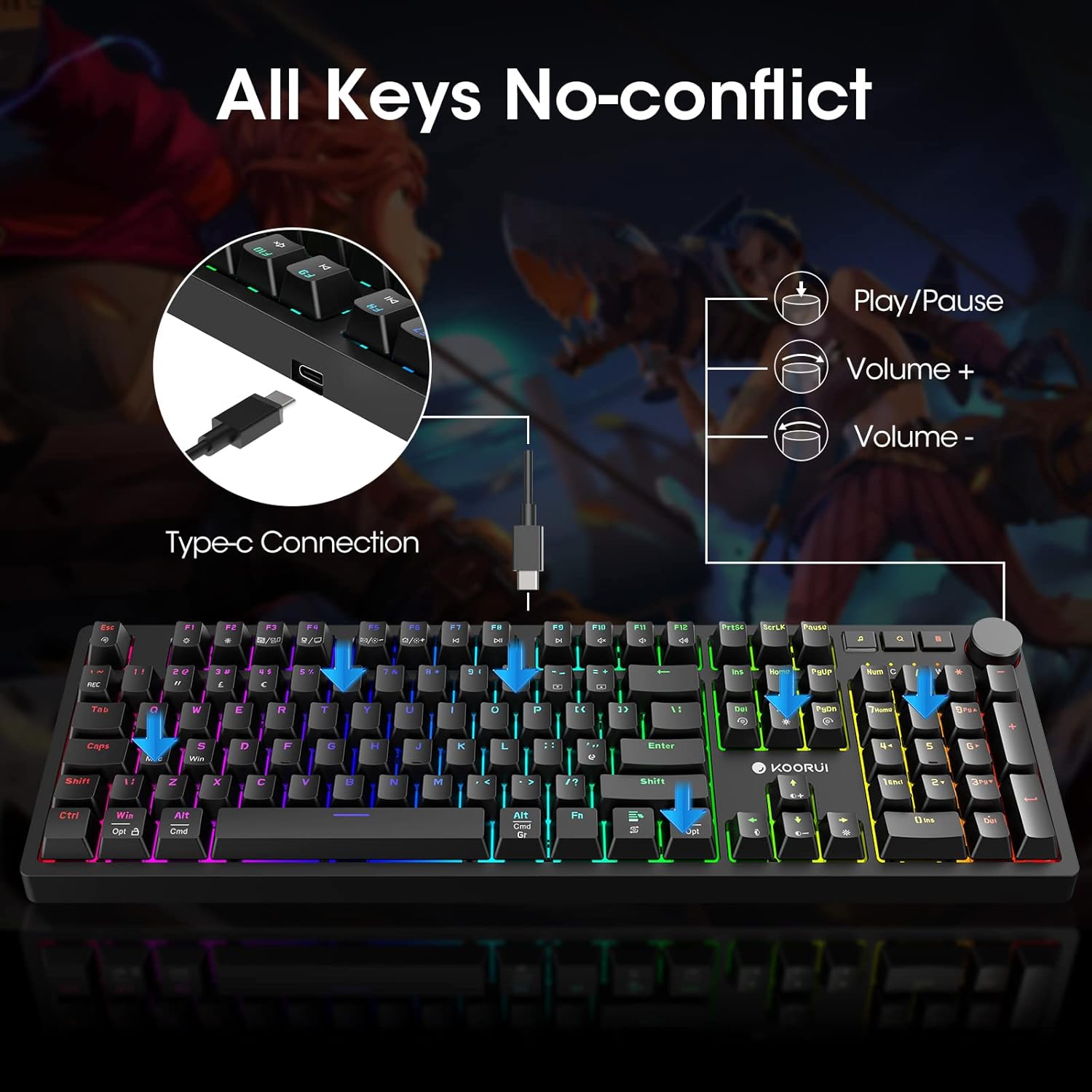 KOORUI Gaming Keyboards, 26 RGB Backlit Mechanical Keyboard Wired 104 Keys Full Size UK Layout with Red Switch Gamer Keyboards for Windows MacOS Linux - Image 3