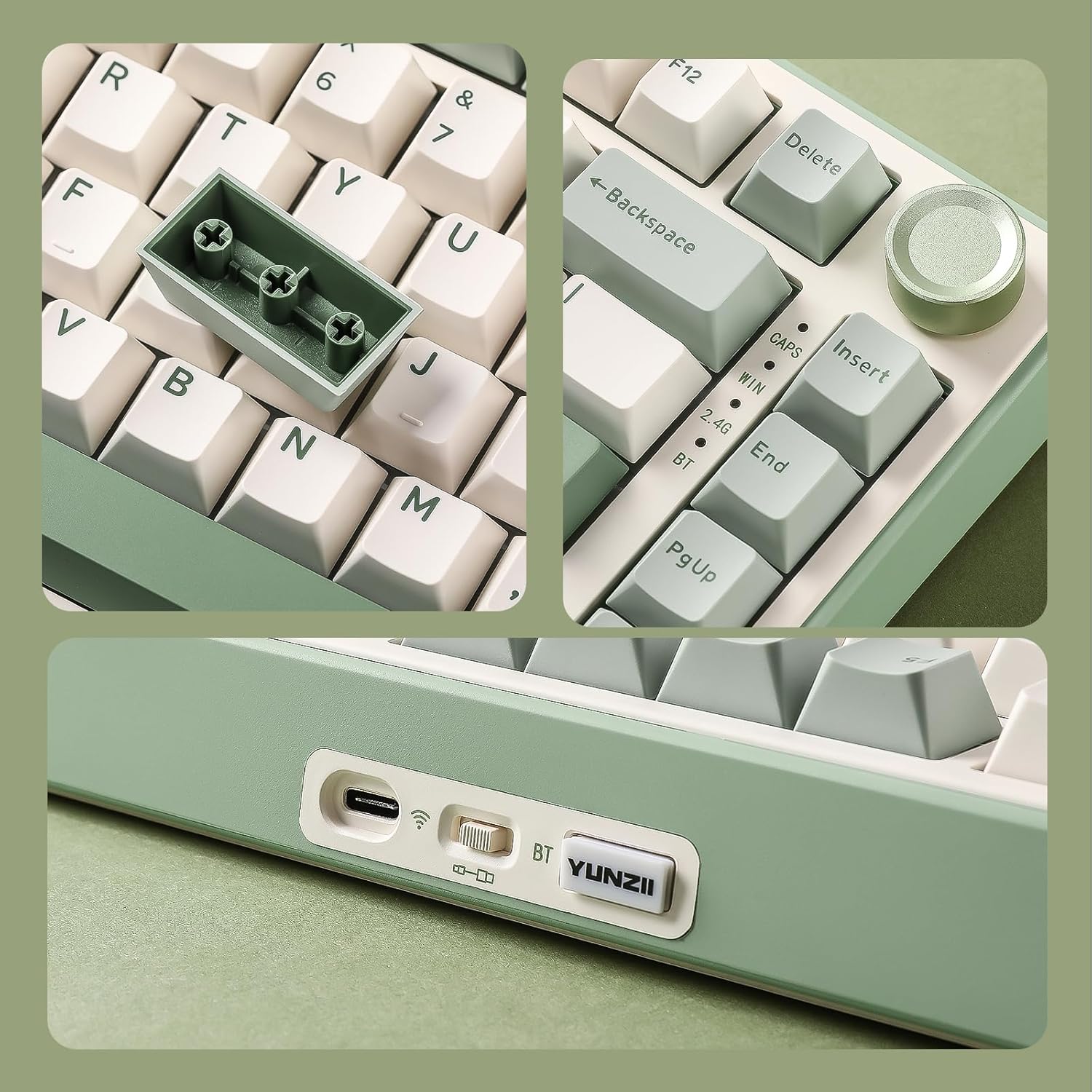 YUNZII B75 PRO Wireless Mechanical Keyboard,75% Gaming Keyboard Gasket Hot Swap Custom Keyboard with Knob,Pre-lubed Switches RGB,Bluetooth/Type-C/2.4G (Matcha Green, Milk Switch) - Image 8