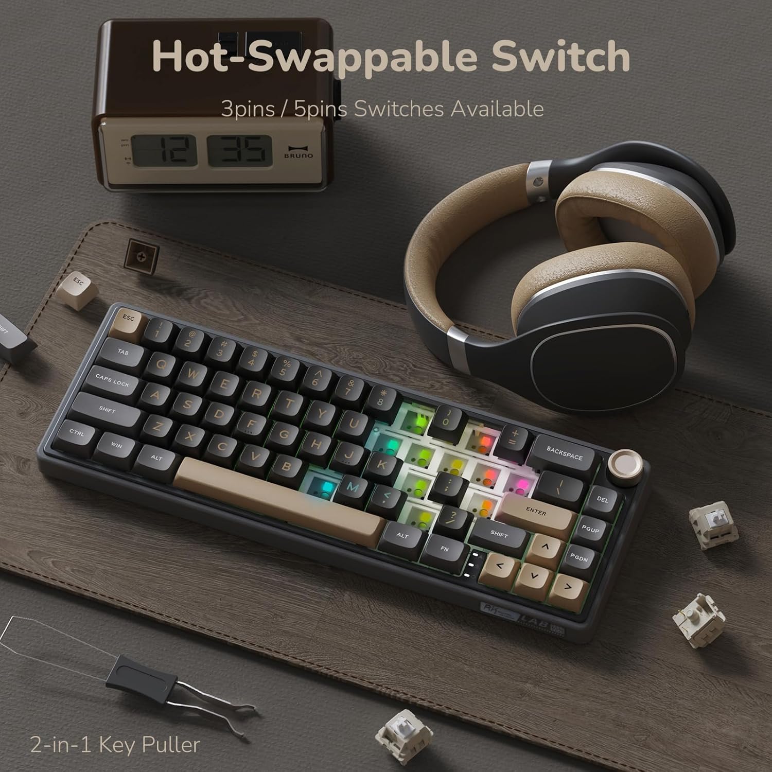 RK ROYAL KLUDGE R65 Wired Gaming Keyboard with Knob, 60% Percent QMK/VIA US Layout RGB Backlit Gasket Mount Mechanical Keyboard with PBT Keycaps, MDA Profile, 66 Keys Hot Swappable Cream Switch, Black - Image 5