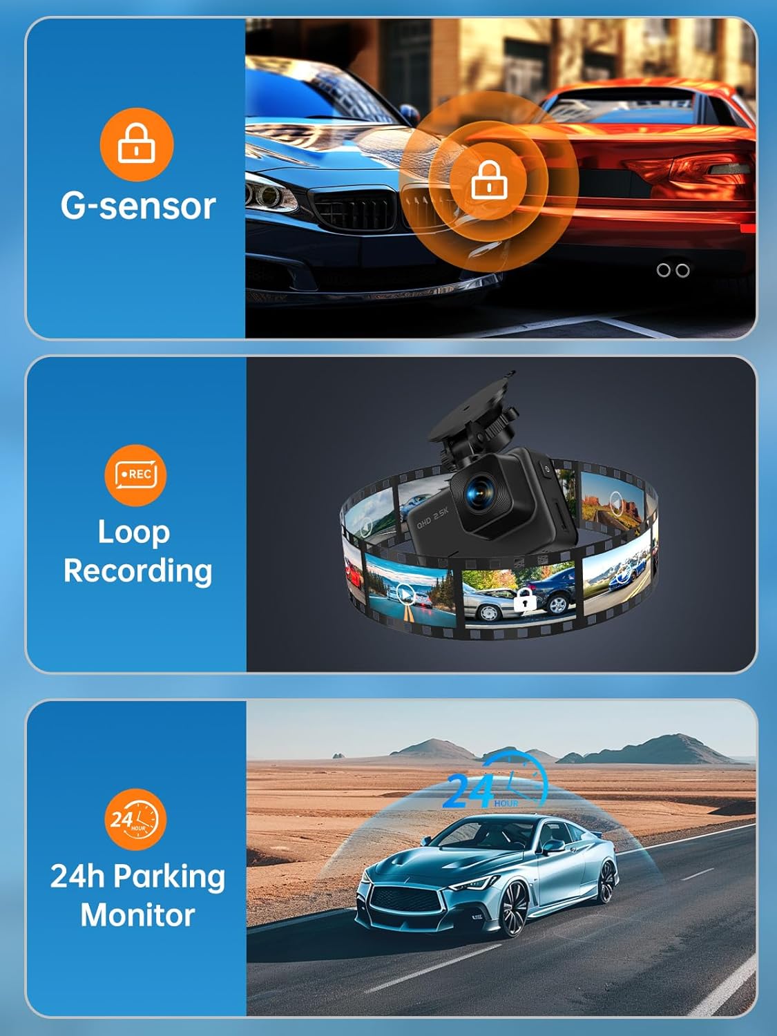 Dash Cam Front and Rear, 2’’ IPS Display Mini Car Camera, 2.5K+1080P Full HD Dashcams for Cars with G-Sensor, 170°Wide Angle, 24H Parking Mode, Loop Recording, Night Vision, 32GB Card Included - Image 2
