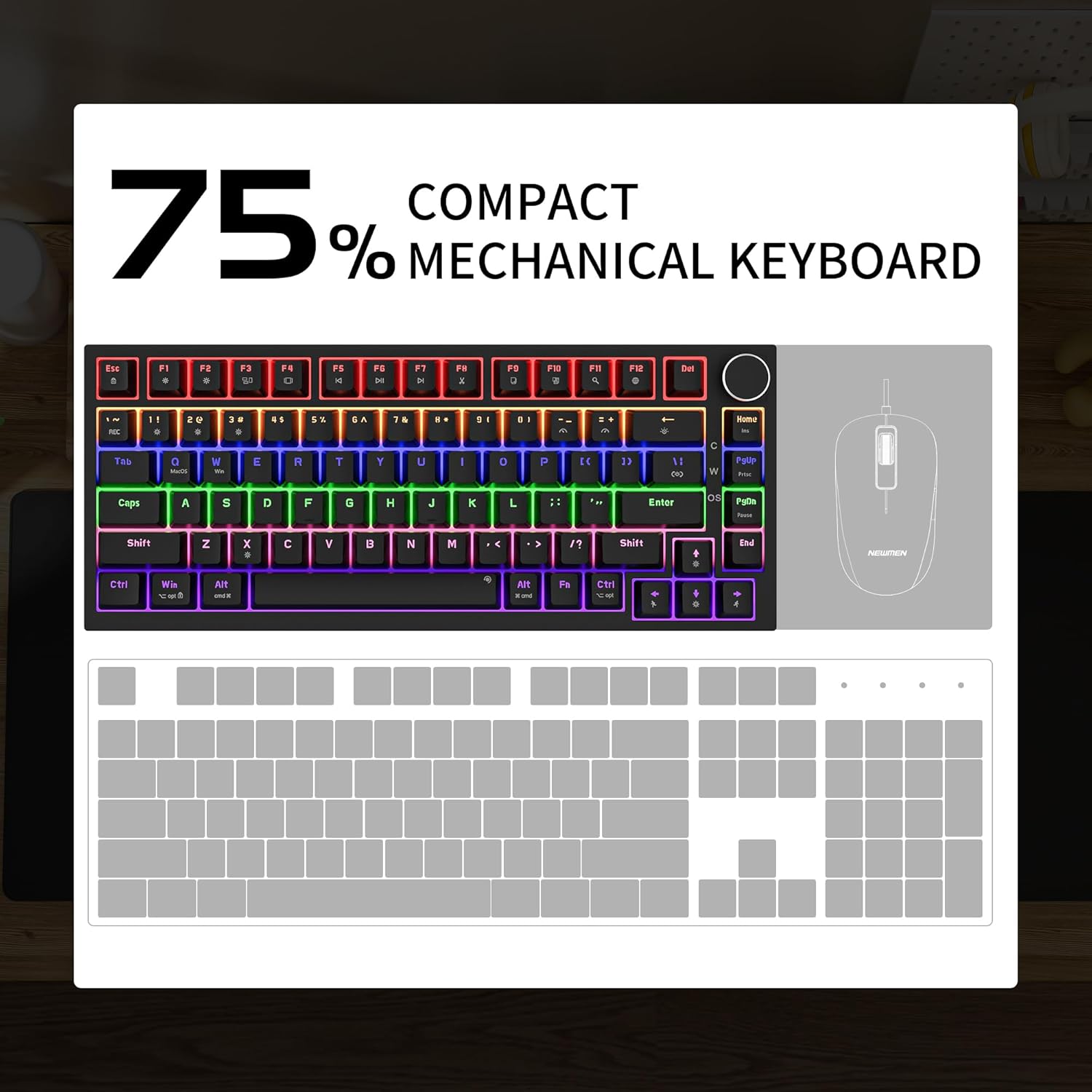 Newmen GM326 Mechanical Keyboard,Wired Gaming Keyboard,75% Percent TKL Hot Swappable Compact LED Backlit USB C Mechanical Gaming Keyboards with Knob for PC Windows Mac,QWERTY Layout,Black,Red Switches - Image 4
