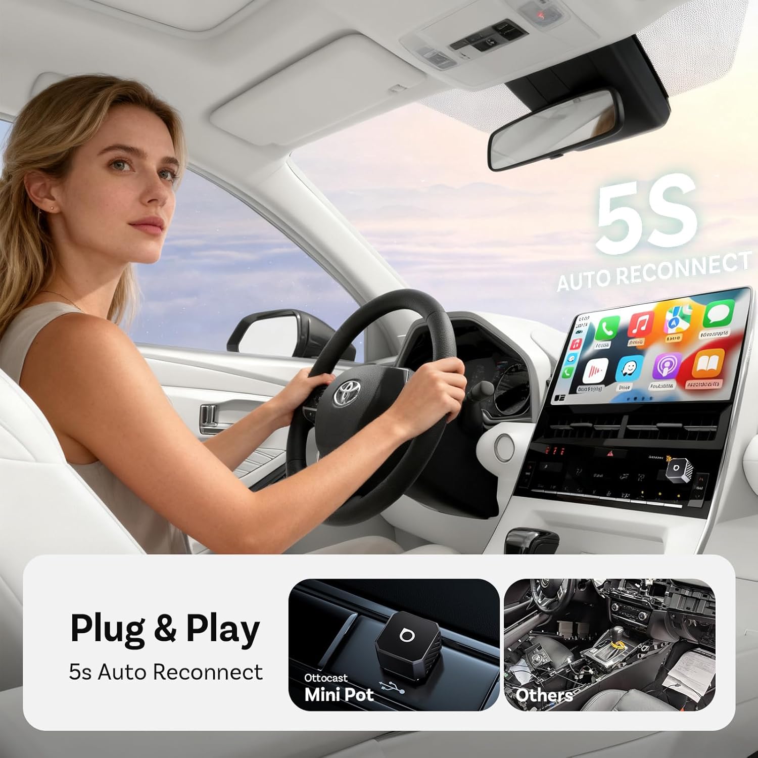 OTTOCAST MINI POT 2026 New Version Wireless CarPlay & Android Auto Adapter 2-in-1, Convert Wired CarPlay/Android Auto to Wireless, 5s Quick Reconnection, Dual Device Memory,Cube Black - Image 3