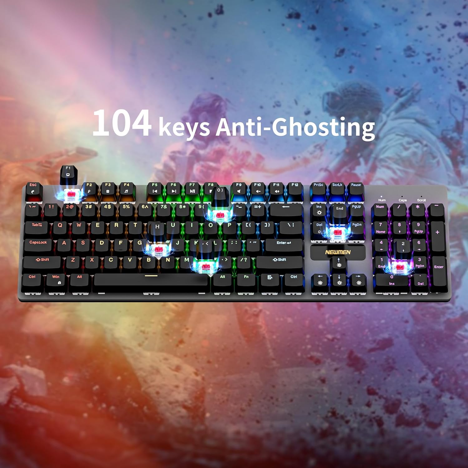 NEWMEN GM325Pro Mechanical Keyboard,104 Keys Rainbow LED Backlit Wired Gaming Keyboards,Metal Panel ABS QWERTY Layout Gaming Mechanical Keyboard for Windows Laptop PC Linear Red Switches - Image 6
