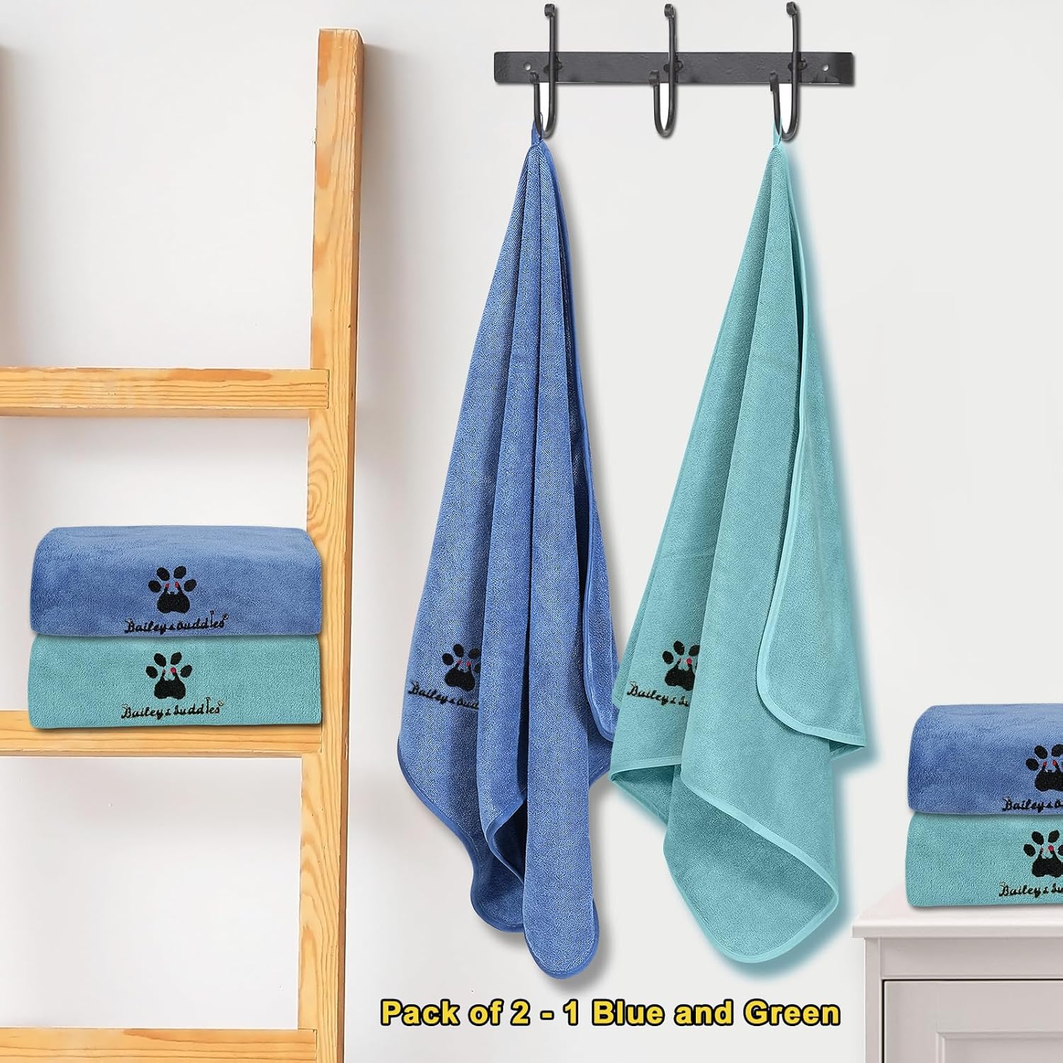 Bailey & buddies Dog Towels – Super Absorbent Microfibre Pet Towel Set (2 Pack, Green & Blue) | Quick Dry, Soft & Durable, 100×50cm for Dogs, Cats & Other Pets - Image 5