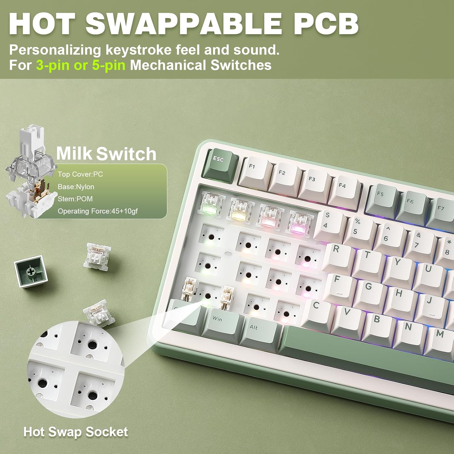 YUNZII B75 PRO Wireless Mechanical Keyboard,75% Gaming Keyboard Gasket Hot Swap Custom Keyboard with Knob,Pre-lubed Switches RGB,Bluetooth/Type-C/2.4G (Matcha Green, Milk Switch) - Image 5
