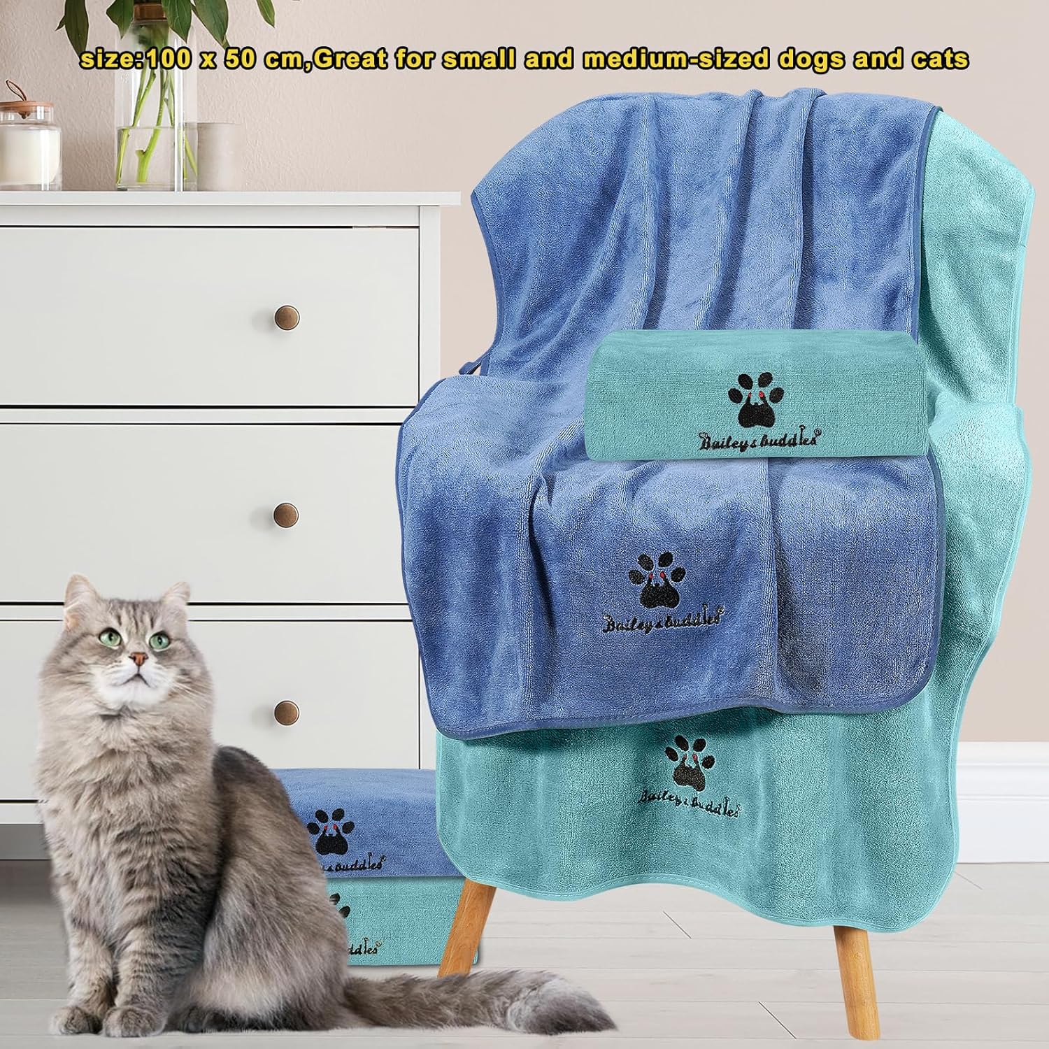 Bailey & buddies Dog Towels – Super Absorbent Microfibre Pet Towel Set (2 Pack, Green & Blue) | Quick Dry, Soft & Durable, 100×50cm for Dogs, Cats & Other Pets - Image 4