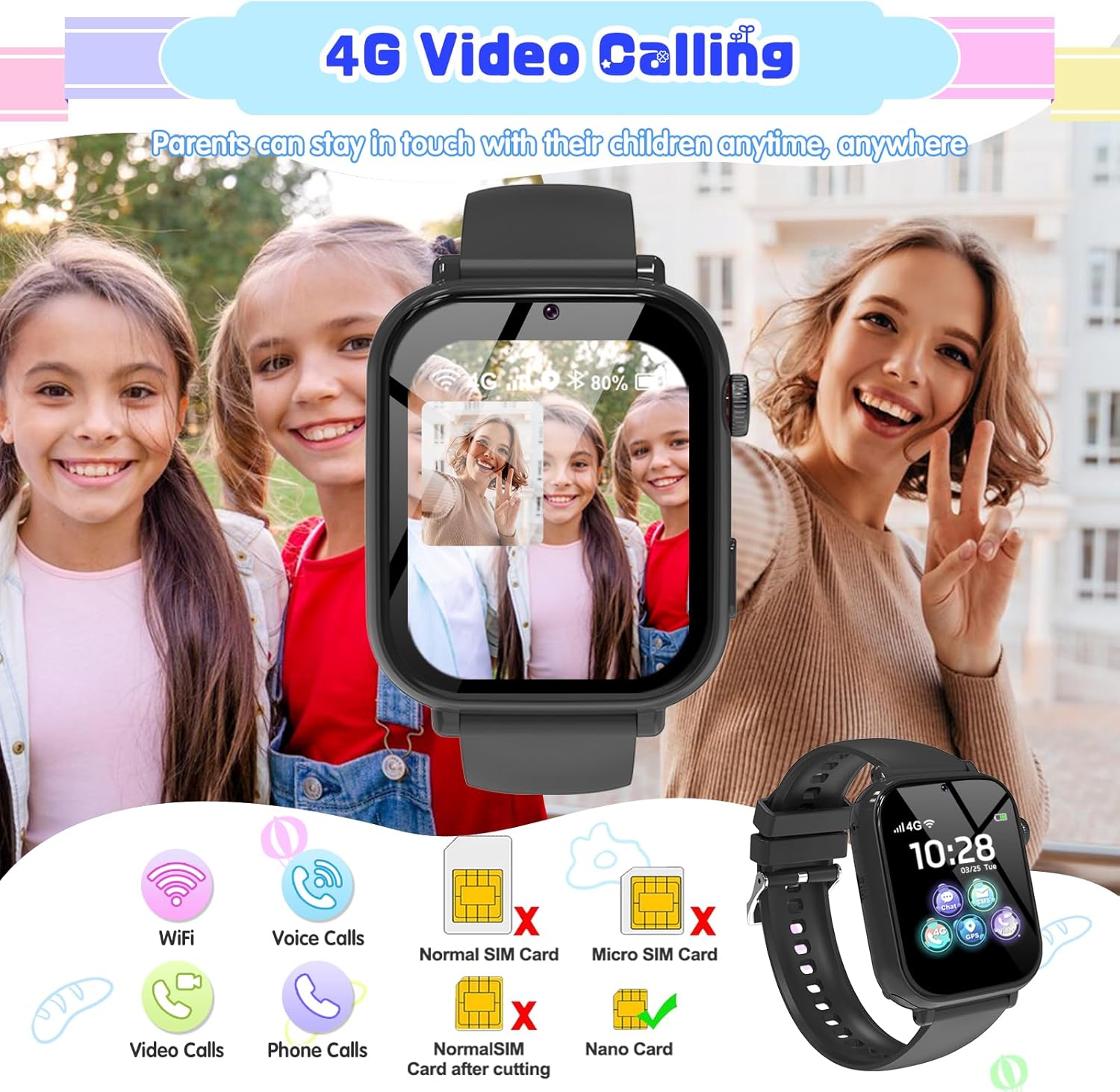 4G Kids Smart Watch Boys Girls, Kid GPS Tracker Watch Phone Video Call Wifi Position School Mode Pedometer SOS Games,Birthday Toy Gifts for 6-15 Years Old,Black - Image 4