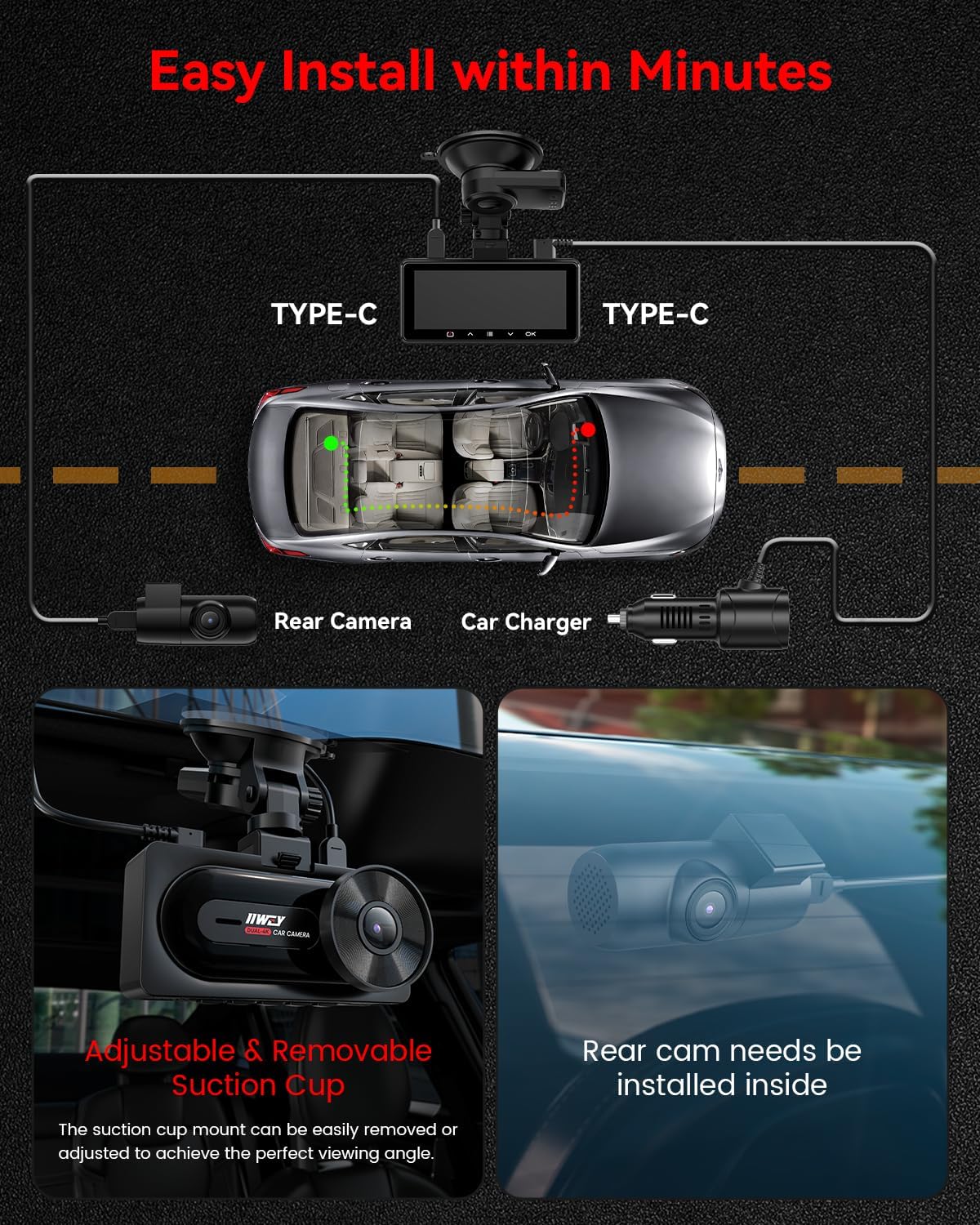 IIWEY 4K+4K Dash Cam Front and Rear, Dual STARVIS Sensor, 5G WiFi-6 (up to 20MB/s) with App, 128G SD Card Included, GPS, Dash Camera for Cars with 24/7 Parking Mode, 3.18 Inch IPS, 170° Wide Angle - Image 7