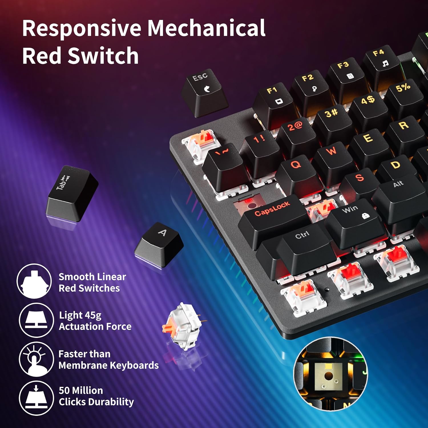 NEWMEN GM325Pro Mechanical Keyboard,104 Keys Rainbow LED Backlit Wired Gaming Keyboards,Metal Panel ABS QWERTY Layout Gaming Mechanical Keyboard for Windows Laptop PC Linear Red Switches - Image 5