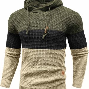 HYPESTFIT Men’s Hoodies Pullover Long Sleeve Hooded Colour Block Knitted Sweatshirt Top Casual