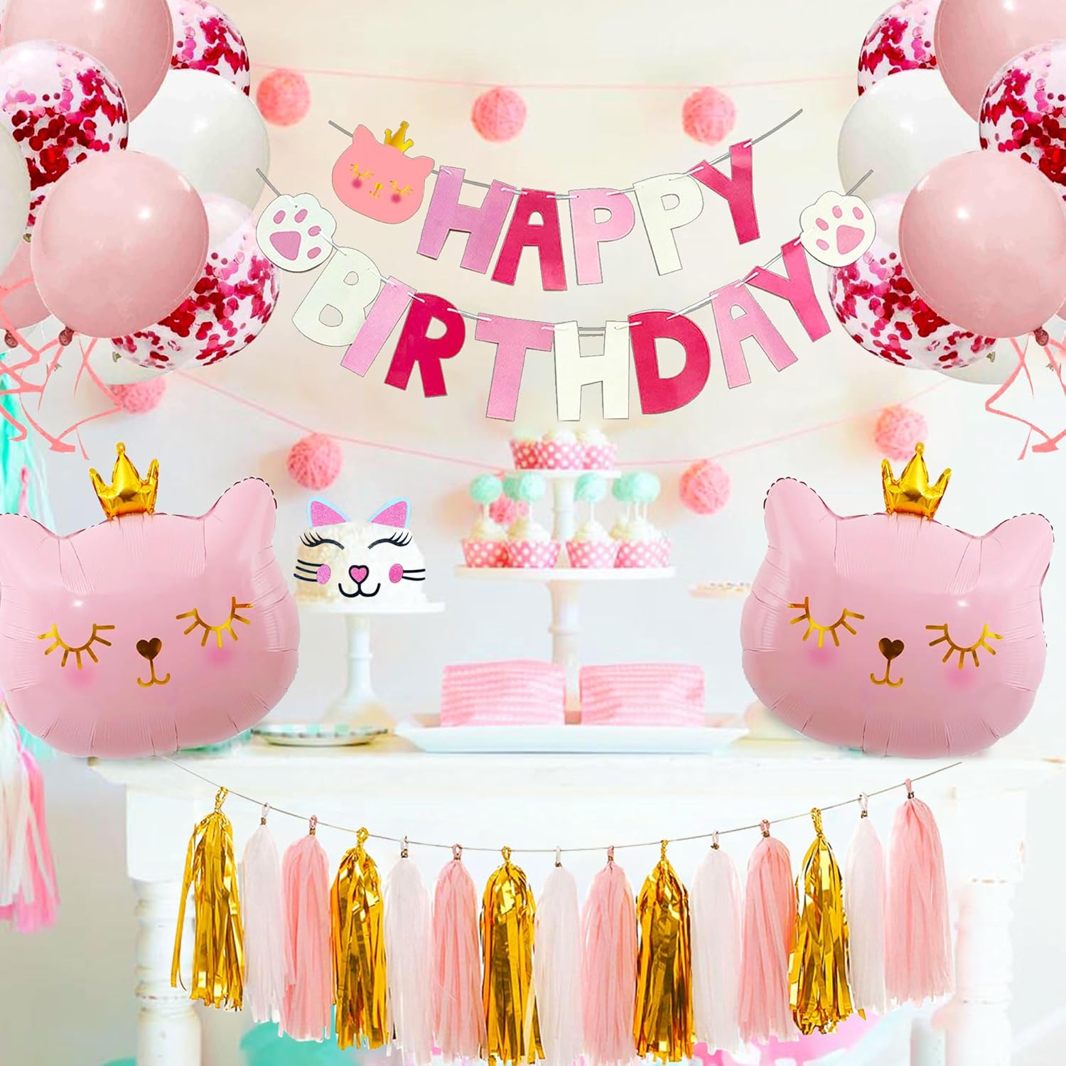 Pink Cat Birthday Party Decoration Cat Balloons Cat Birthday MEOW Banner Meow Party Supplies Pink Cat Cake Decoration - Image 2