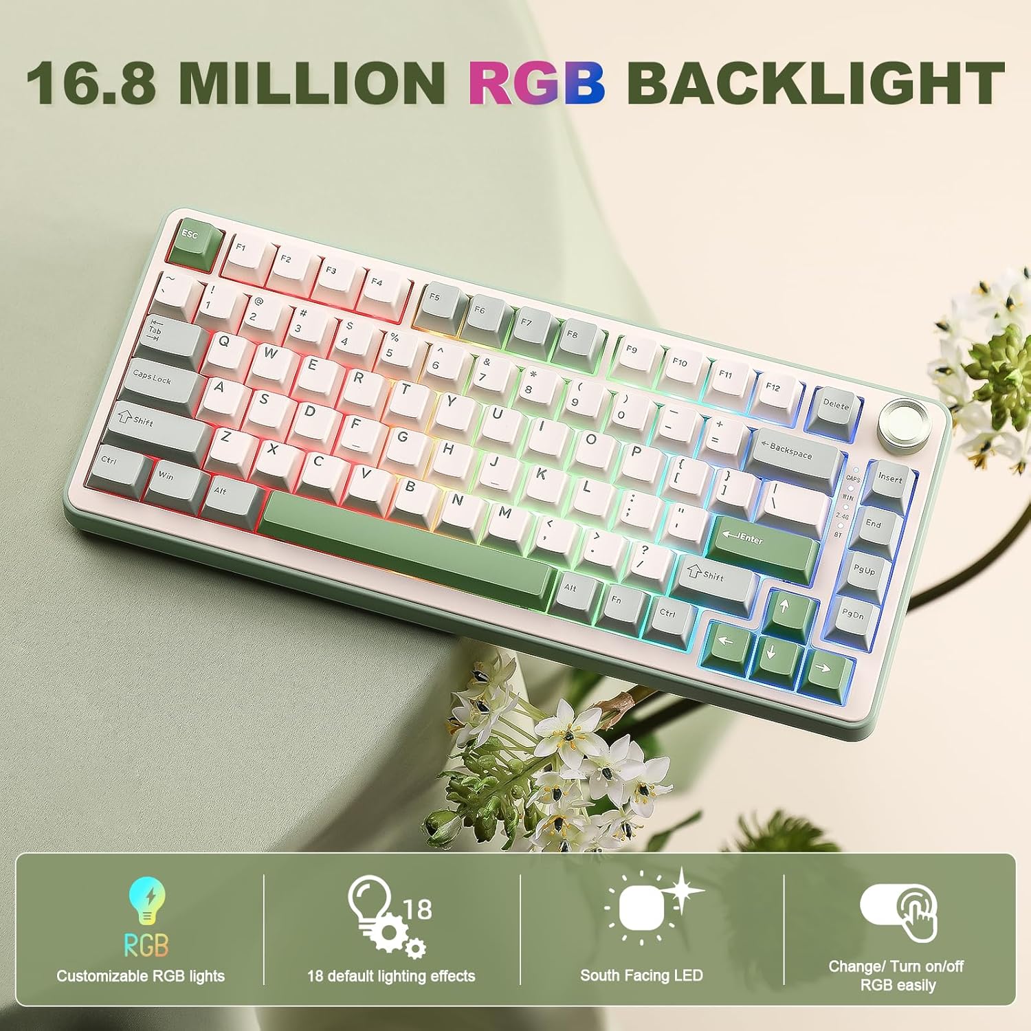 YUNZII B75 PRO Wireless Mechanical Keyboard,75% Gaming Keyboard Gasket Hot Swap Custom Keyboard with Knob,Pre-lubed Switches RGB,Bluetooth/Type-C/2.4G (Matcha Green, Milk Switch) - Image 6