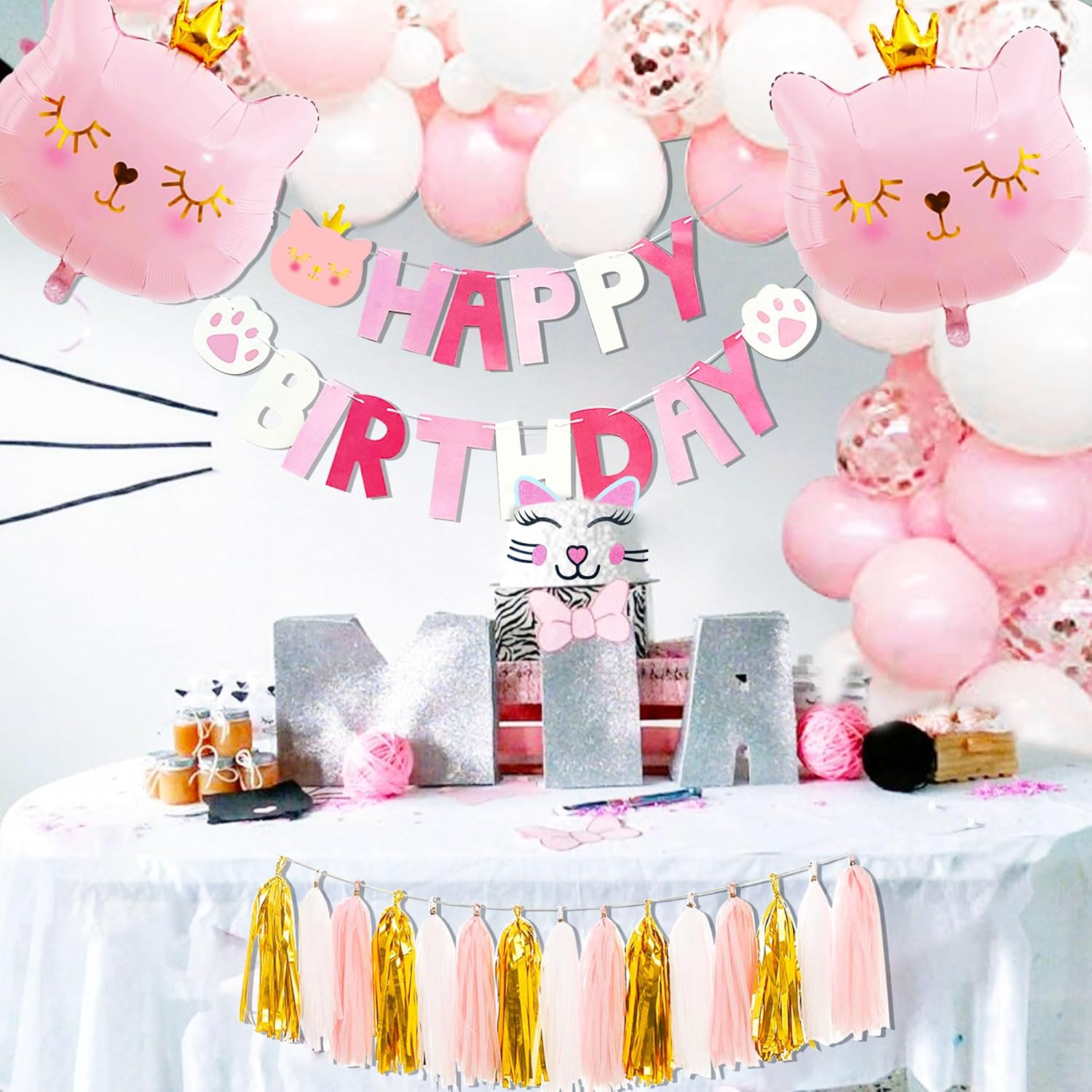 Pink Cat Birthday Party Decoration Cat Balloons Cat Birthday MEOW Banner Meow Party Supplies Pink Cat Cake Decoration - Image 4