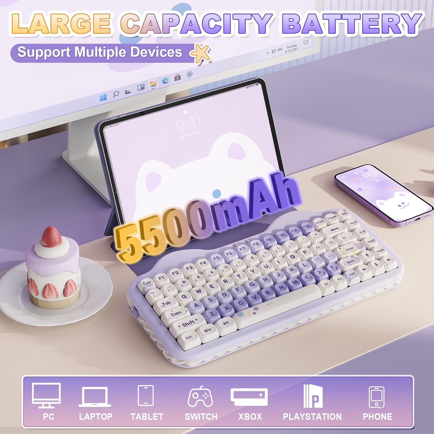 YUNZII C75 Wireless Mechanical Keyboard, 75% Layout Hot Swappable Creamy Keyboard NKRO, PBT MOA Keycaps RGB Backlit Gasket Mount, Cute Cake Design BT5.0/2.4G/USB-C (Purple, Candy Linear Switch) - Image 6