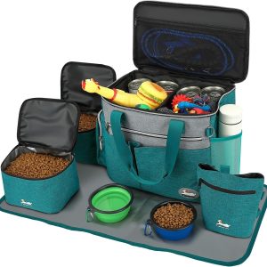 Dog Travel Bag for Pet Kit Outdoor with 2 Food Bags + 2 Collapsible Bowls + Feeding Mat + Dog Treat Bum Pouch 7-Piece Set for Pet Accessories Organizer Traveling Walking Camping, Teal Green
