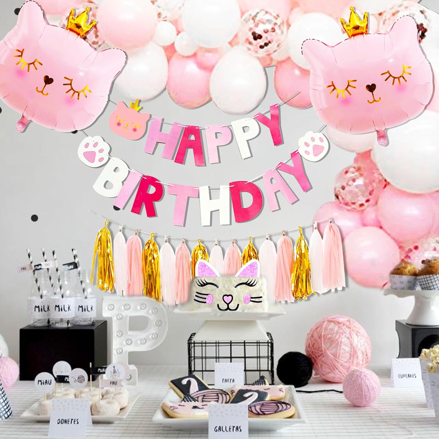 Pink Cat Birthday Party Decoration Cat Balloons Cat Birthday MEOW Banner Meow Party Supplies Pink Cat Cake Decoration - Image 5
