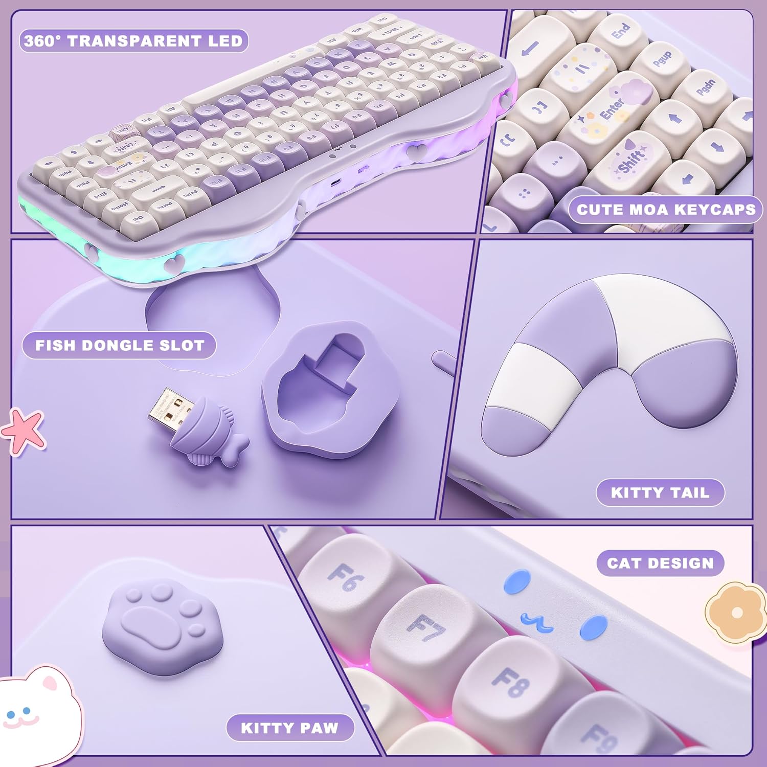 YUNZII C75 Wireless Mechanical Keyboard, 75% Layout Hot Swappable Creamy Keyboard NKRO, PBT MOA Keycaps RGB Backlit Gasket Mount, Cute Cake Design BT5.0/2.4G/USB-C (Purple, Candy Linear Switch) - Image 8
